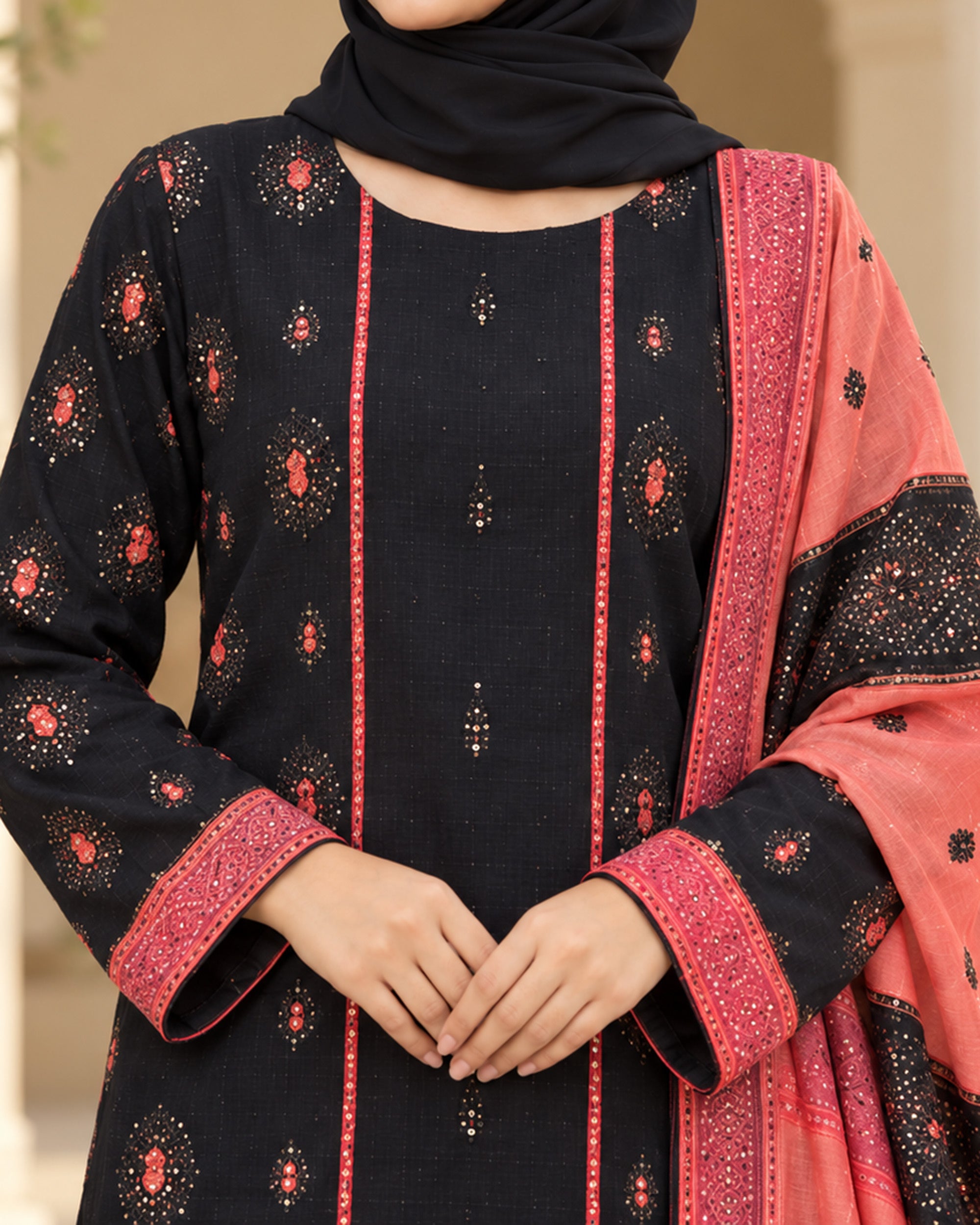 Noor Collection Aneela's Peach Dhanak Embroidered Suit - 3 Pc