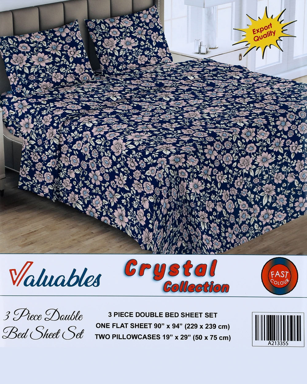 Valuable Crystal Collection 3 Piece Double Bedsheet 90X96", Double Size Bed Sheet, Chase Value, Chase Value