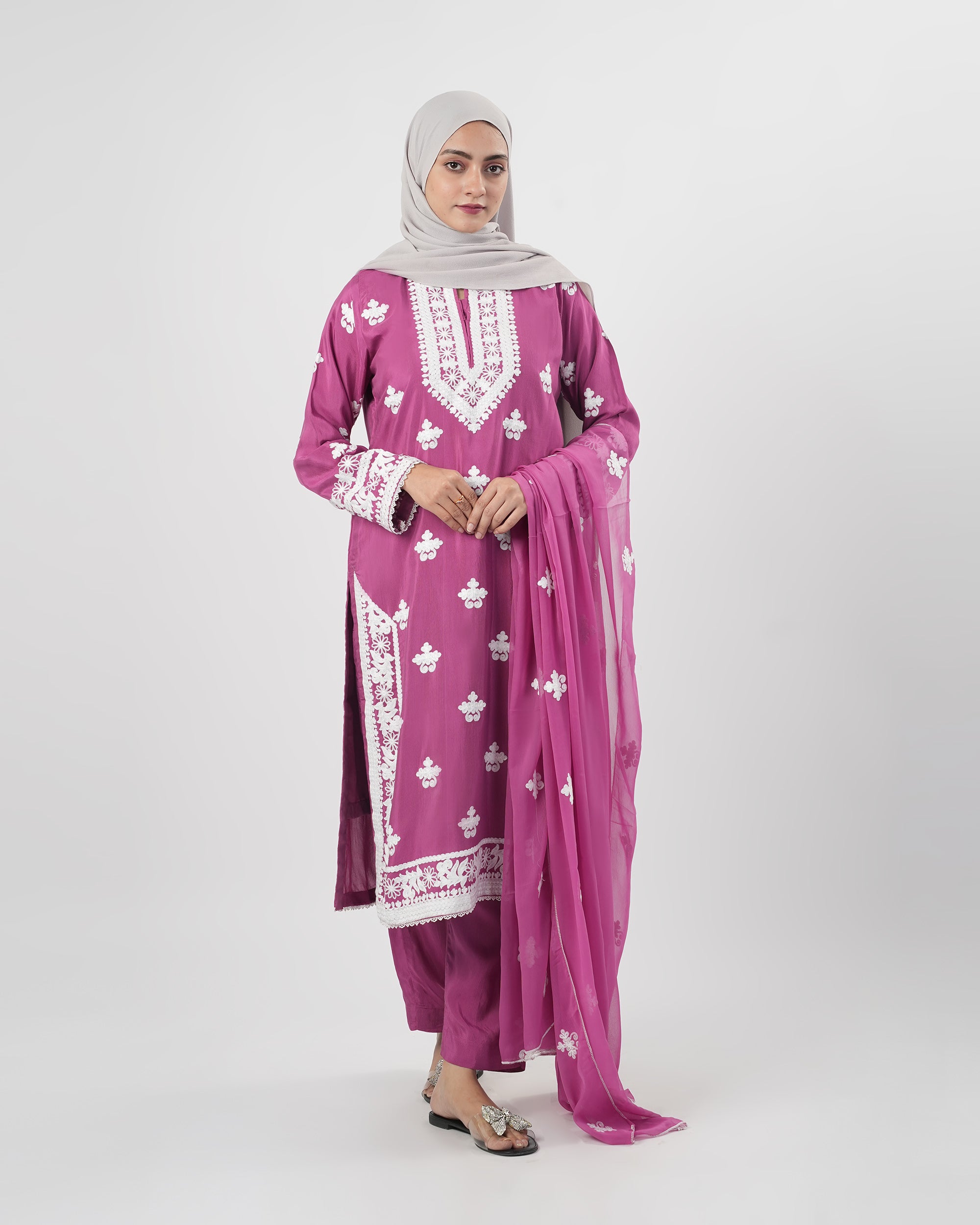 Valuables Women’s Embroidered Raw Silk 3Pcs Suit