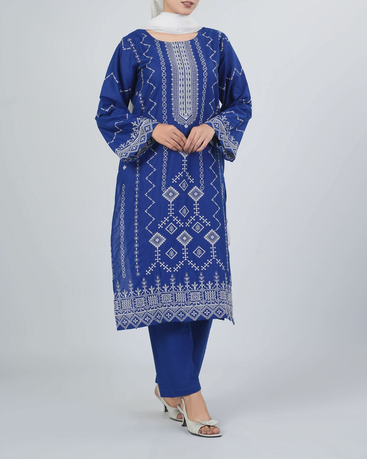 Women's Embroidered Wider Length 3 Pcs Suit - Blue, Women Shalwar Suits, Chase Value, Chase Value