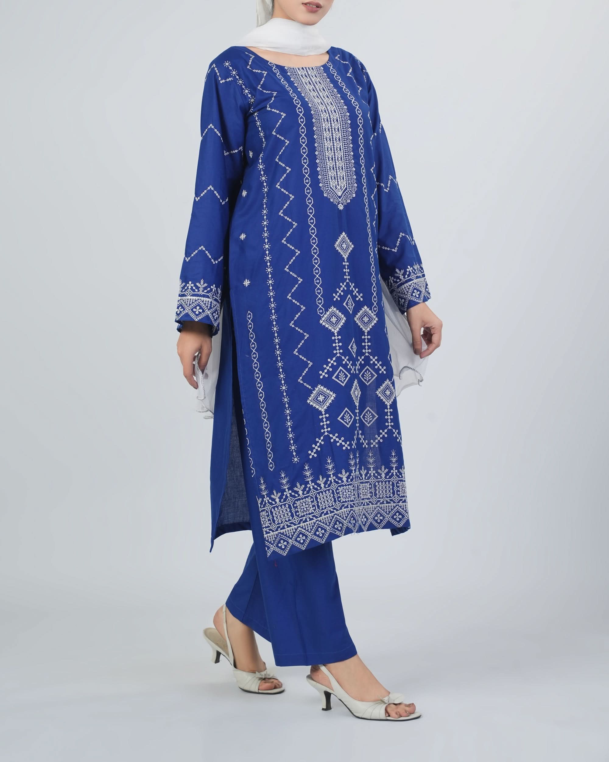 Women's Embroidered Wider Length 3 Pcs Suit - Blue, Women Shalwar Suits, Chase Value, Chase Value