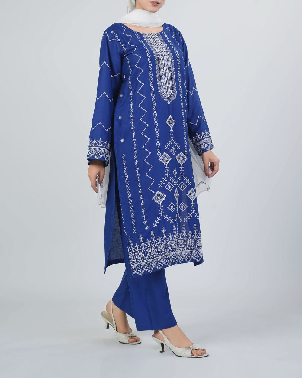 Women's Embroidered Wider Length 3 Pcs Suit - Blue, Women Shalwar Suits, Chase Value, Chase Value