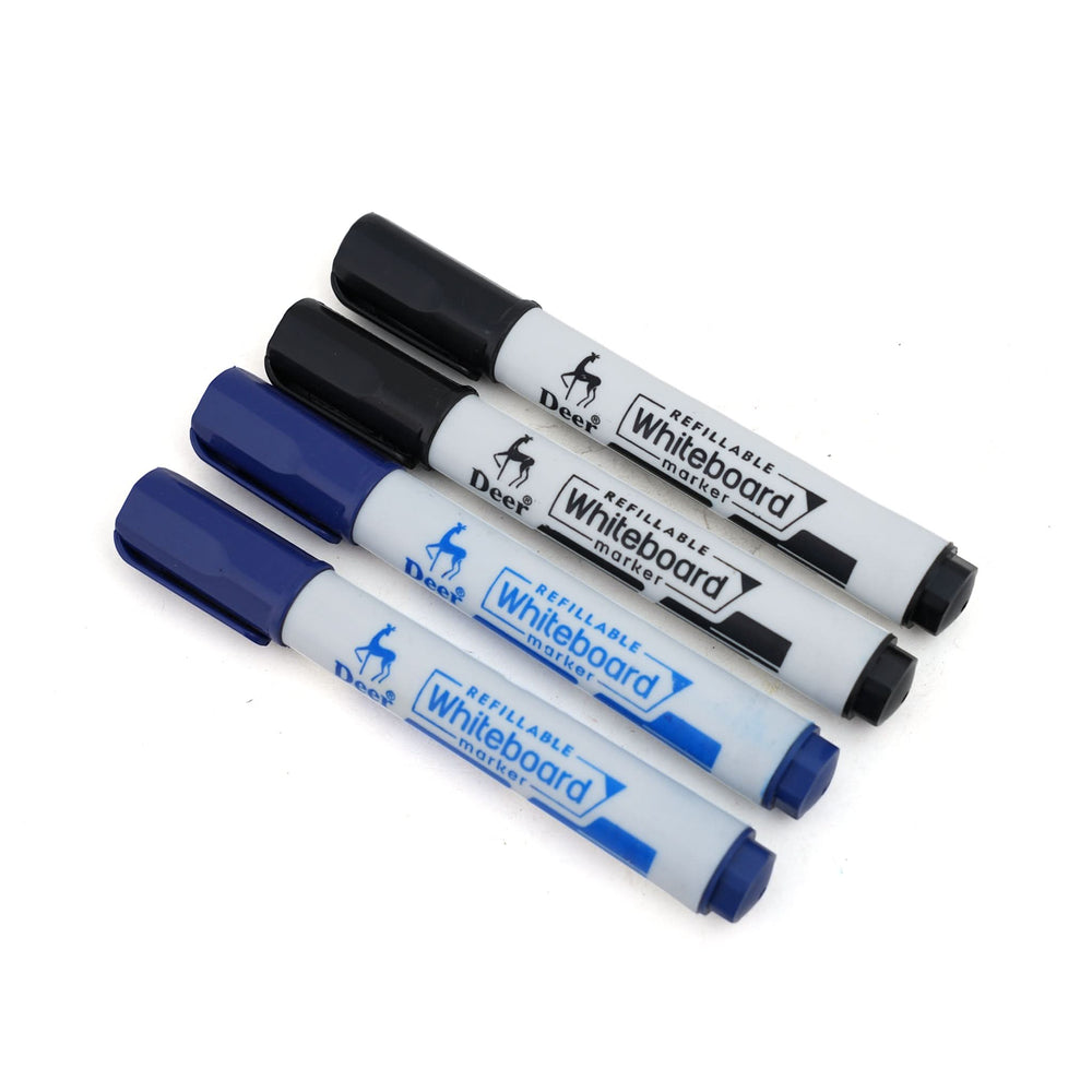 Deer White Board Marker Refillable 4 Pcs - Black & Blue, Stationery Supplies, Deer, Chase Value