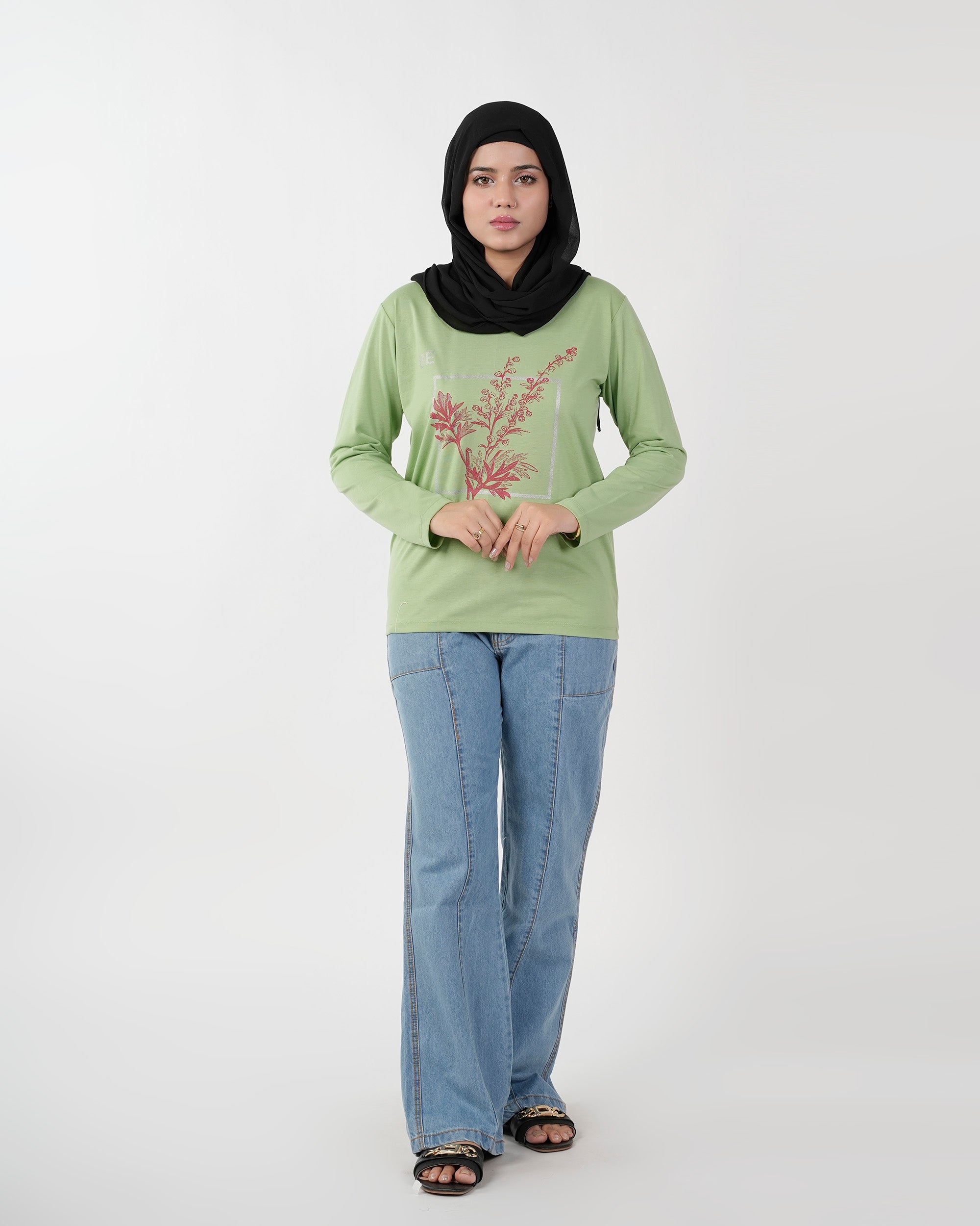 Women's Full Sleeves Printed T-Shirt - Light Green, Women T-Shirts & Tops, Chase Value, Chase Value