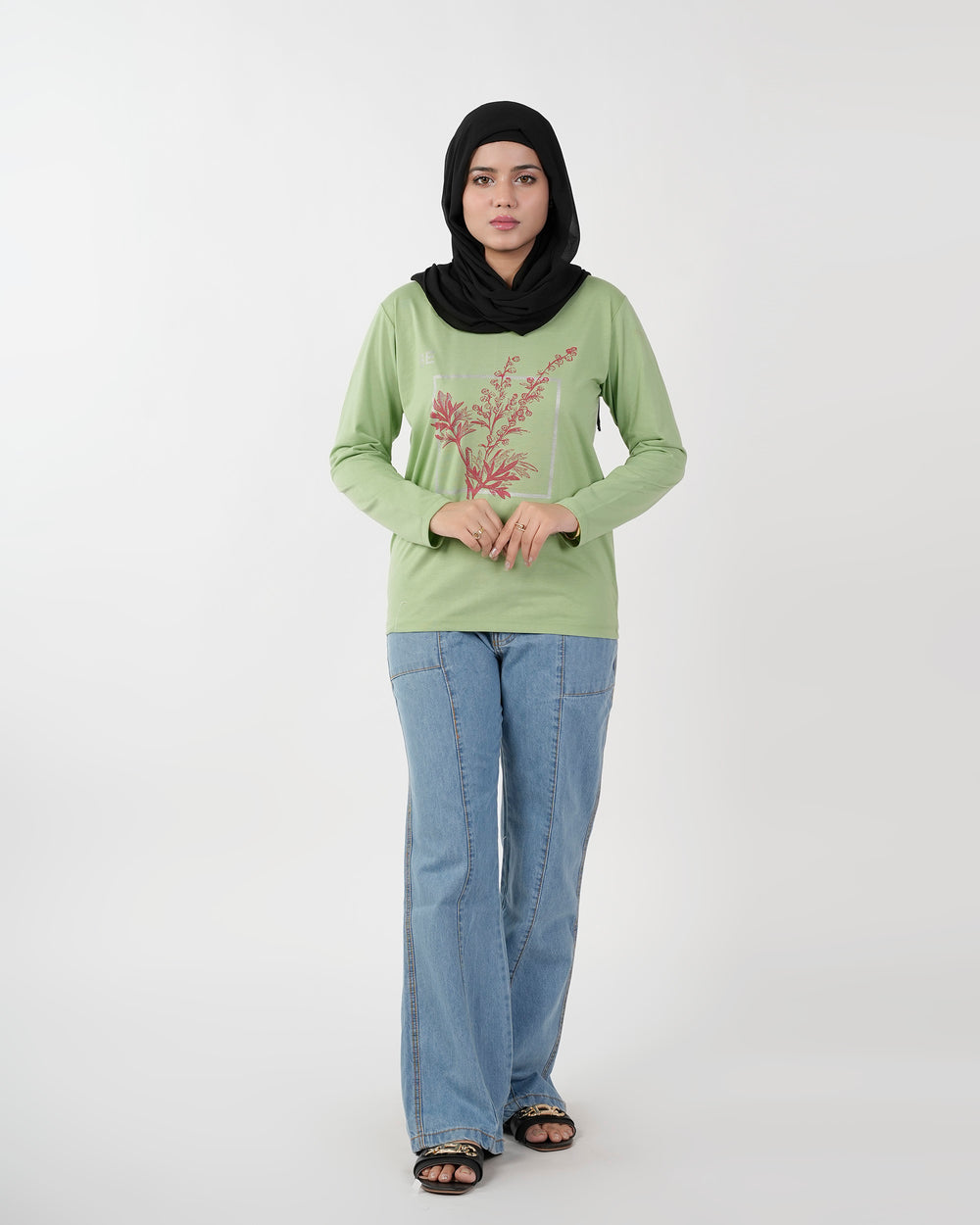 Women's Full Sleeves Printed T-Shirt - Light Green, Women T-Shirts & Tops, Chase Value, Chase Value