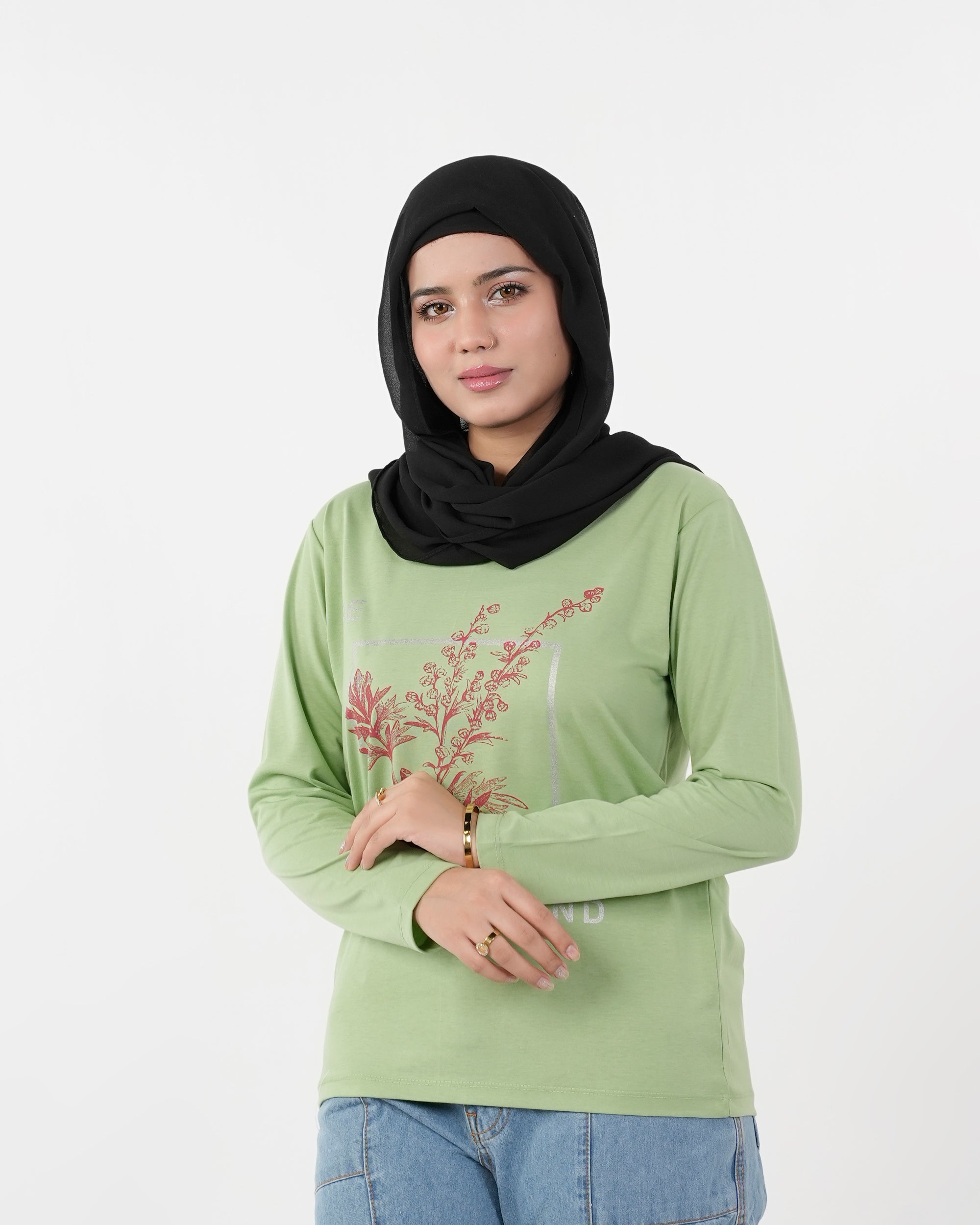 Women's Full Sleeves Printed T-Shirt - Light Green, Women T-Shirts & Tops, Chase Value, Chase Value