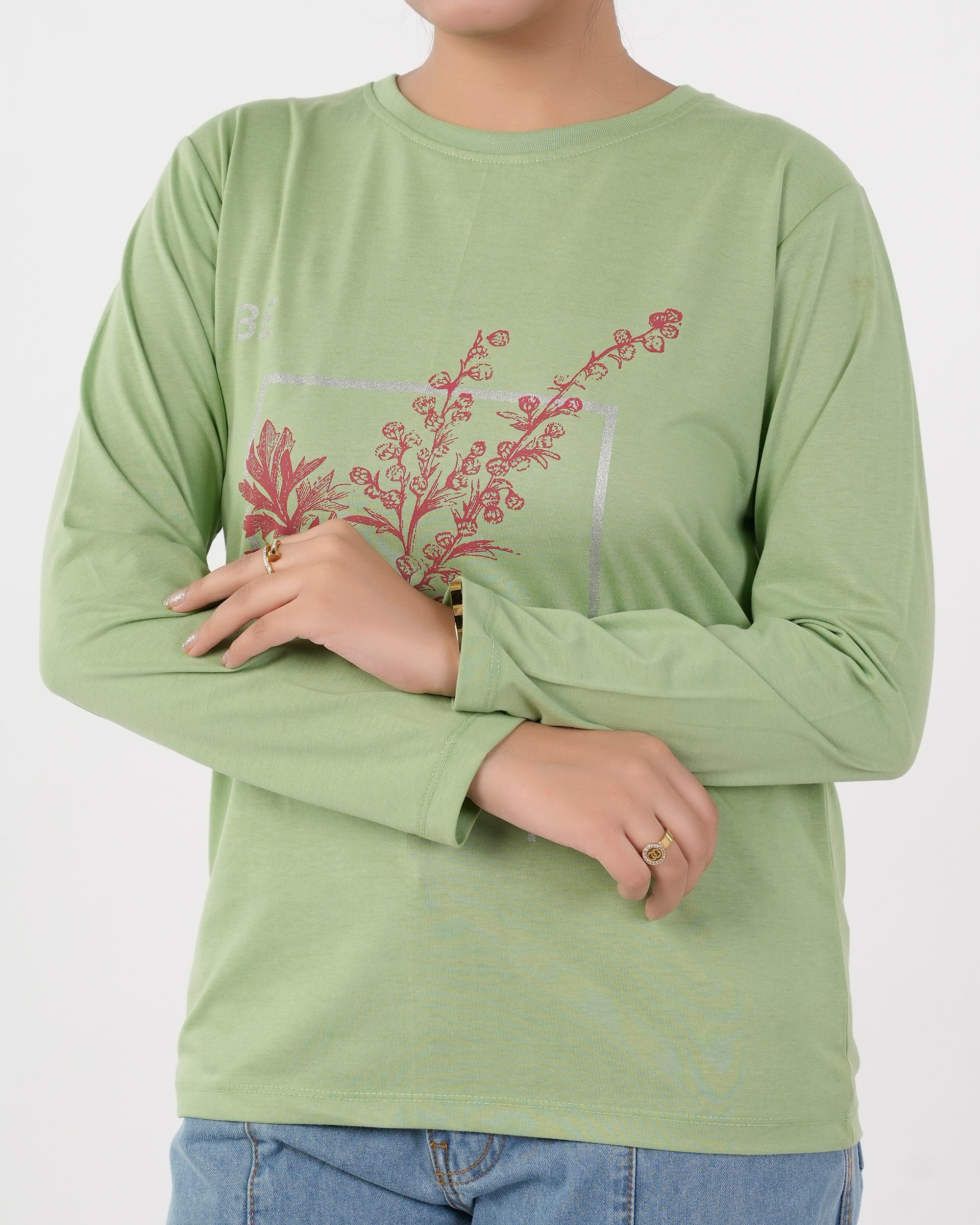 Women's Full Sleeves Printed T-Shirt - Light Green, Women T-Shirts & Tops, Chase Value, Chase Value