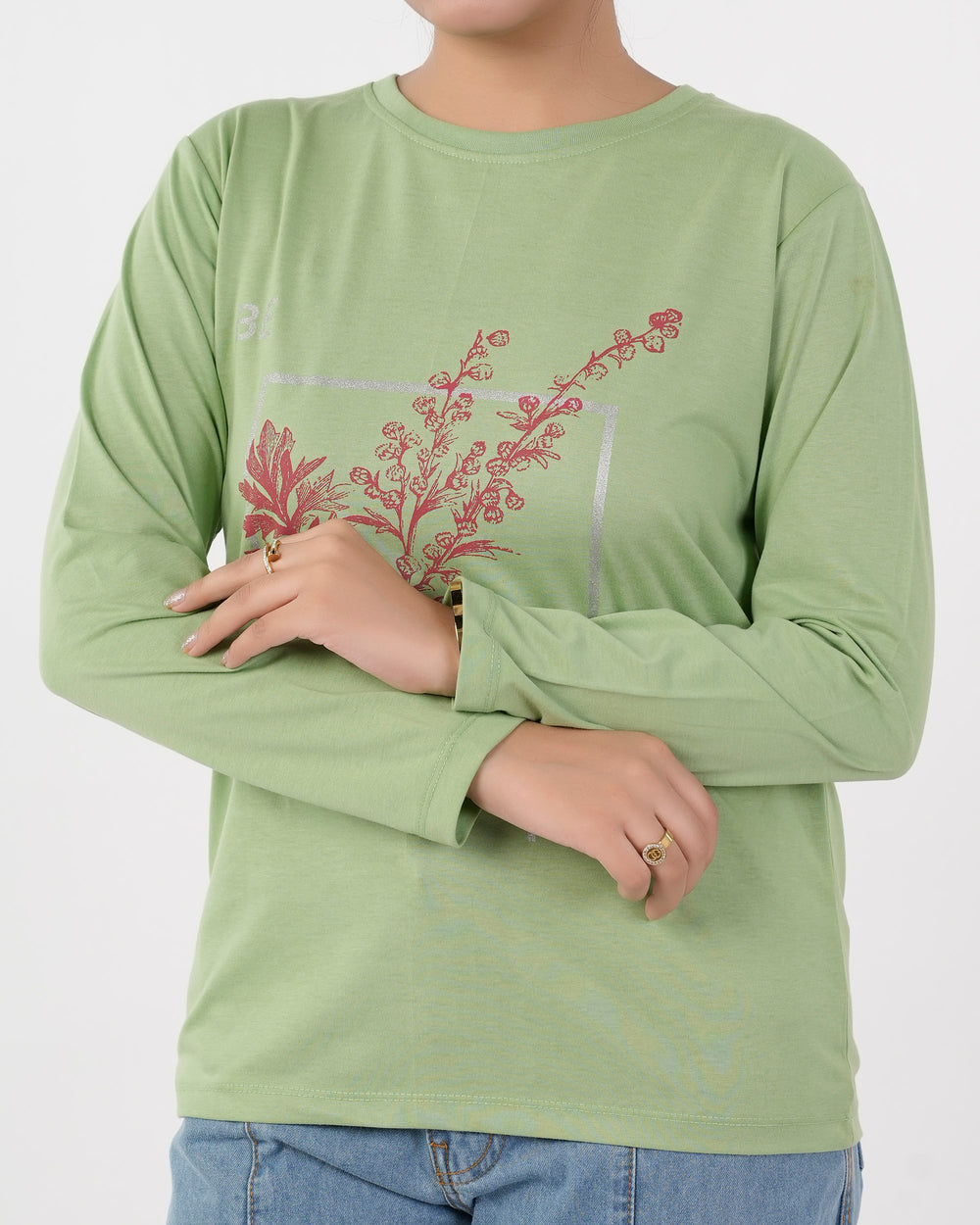 Women's Full Sleeves Printed T-Shirt - Light Green, Women T-Shirts & Tops, Chase Value, Chase Value