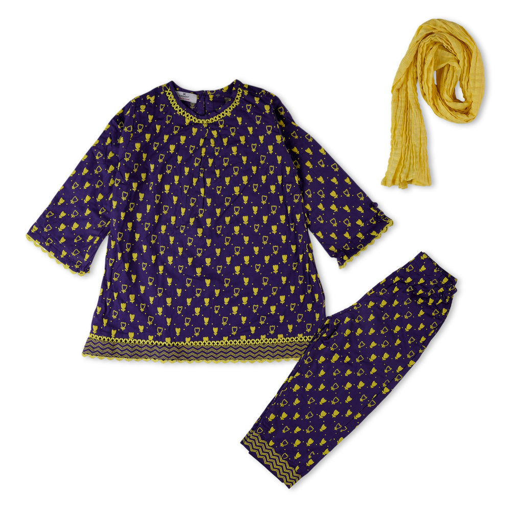 Eminent Girl Puff-Print 03 PCS Shalwar Suit – Stylish Everyday Wear - Purple, Girls Shalwar Kameez, Eminent, Chase Value