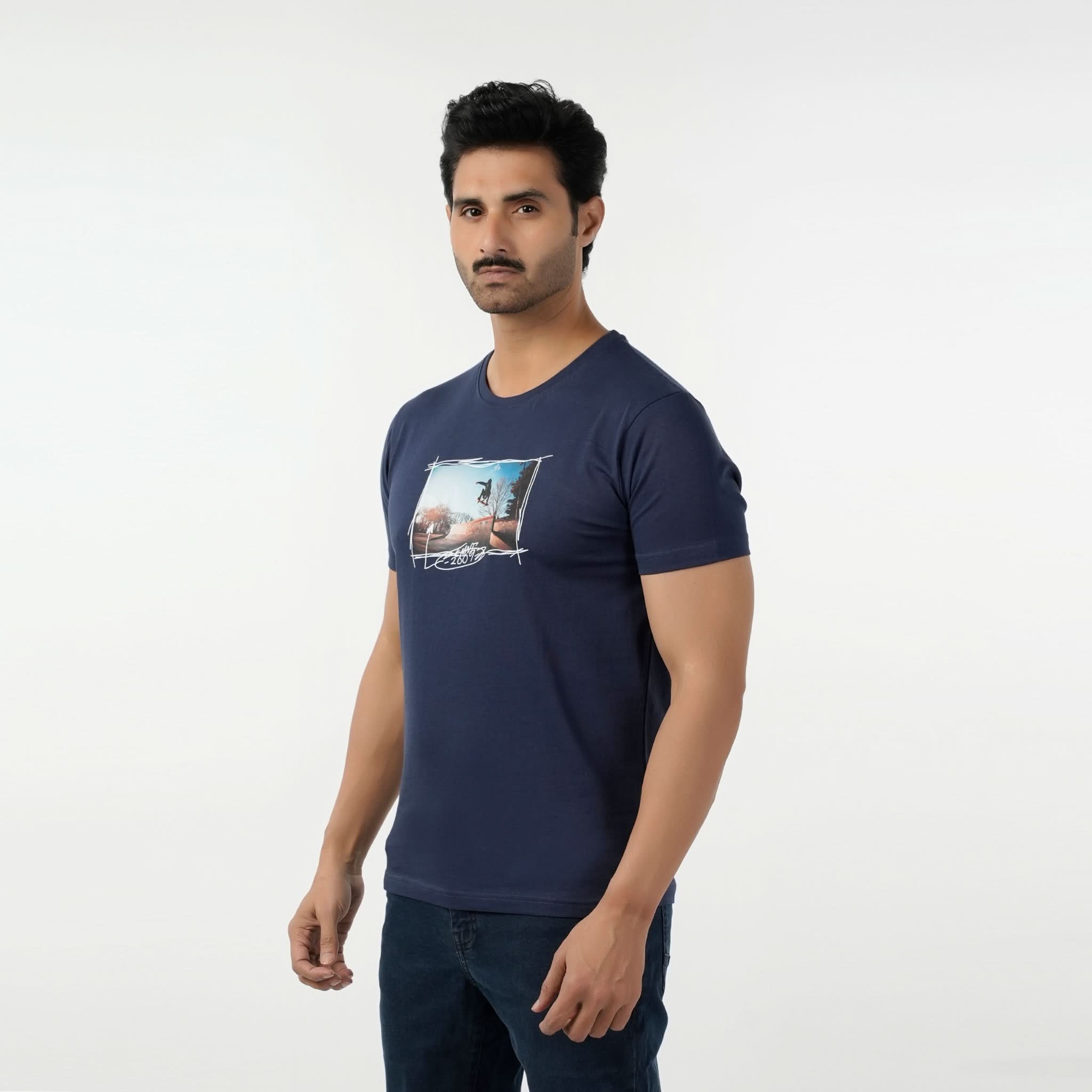 Eminent Men's Round Neck Half Sleeves Printed T-Shirt - Mid Blue, Men's T-Shirts & Polos, Eminent, Chase Value