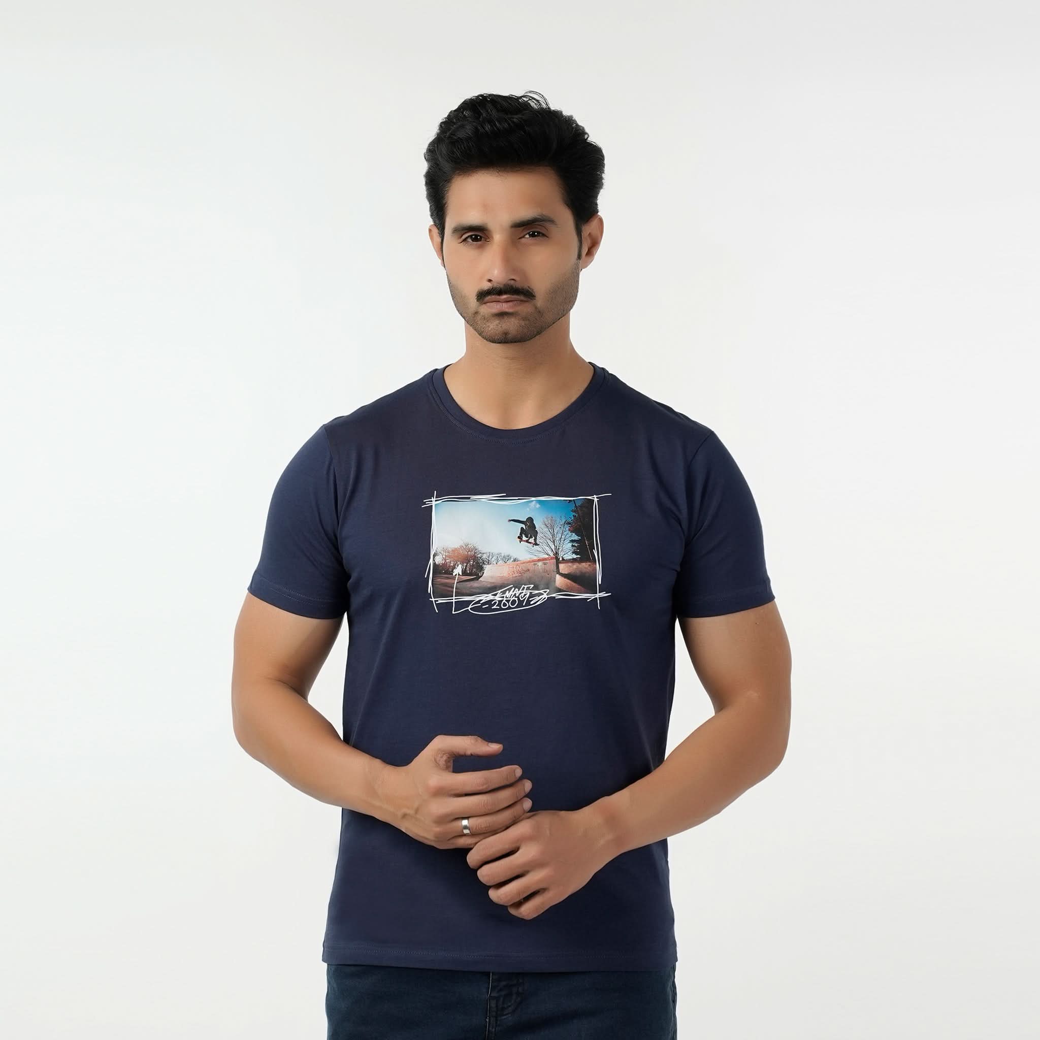Eminent Men's Round Neck Half Sleeves Printed T-Shirt - Mid Blue, Men's T-Shirts & Polos, Eminent, Chase Value
