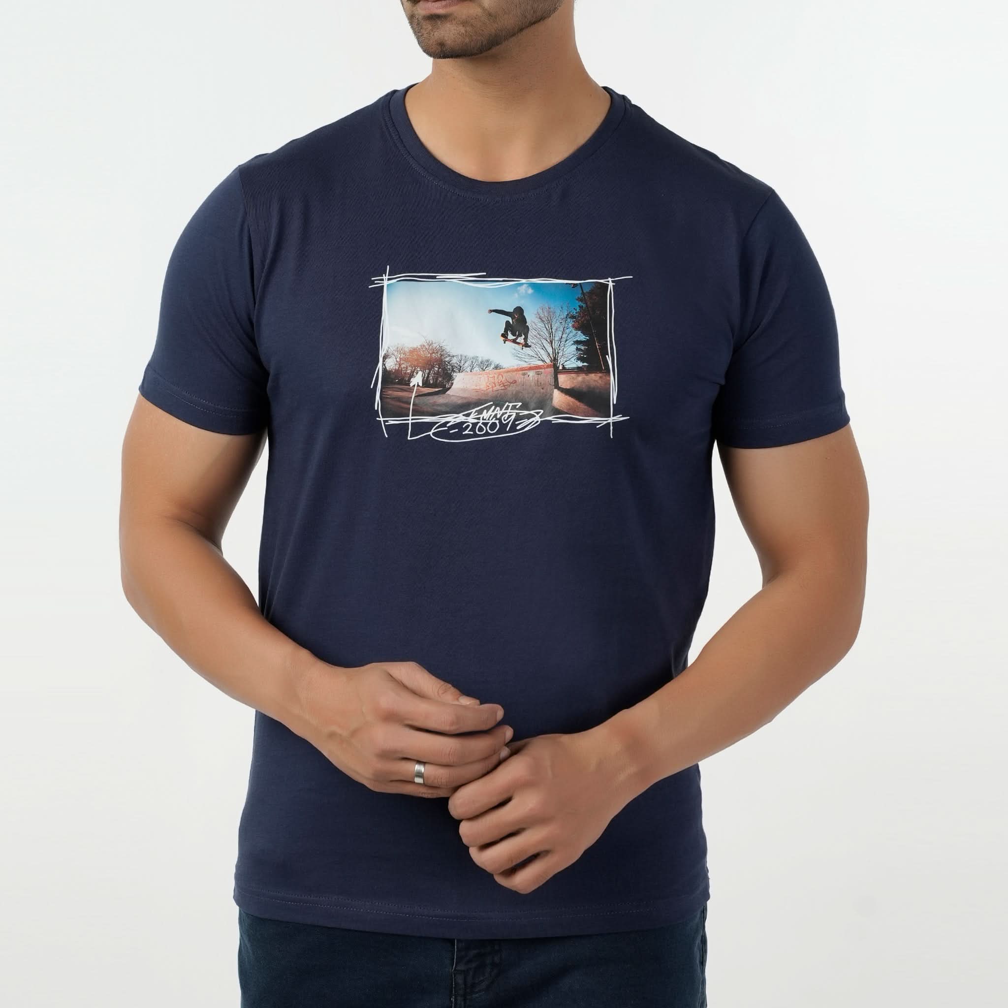 Eminent Men's Round Neck Half Sleeves Printed T-Shirt - Mid Blue, Men's T-Shirts & Polos, Eminent, Chase Value
