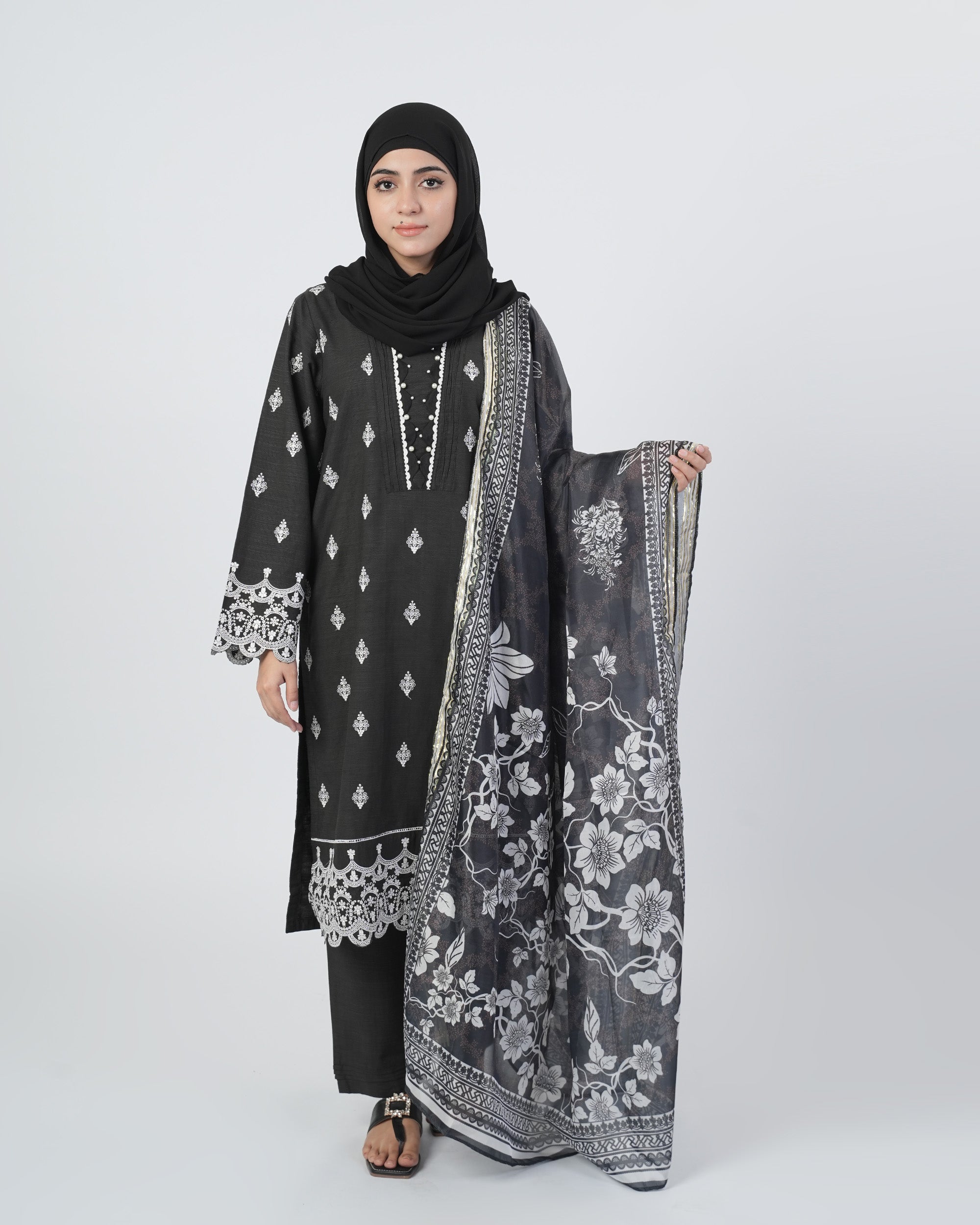 Eminent Women'S Dyed Slub 3Pcs Suit - Black