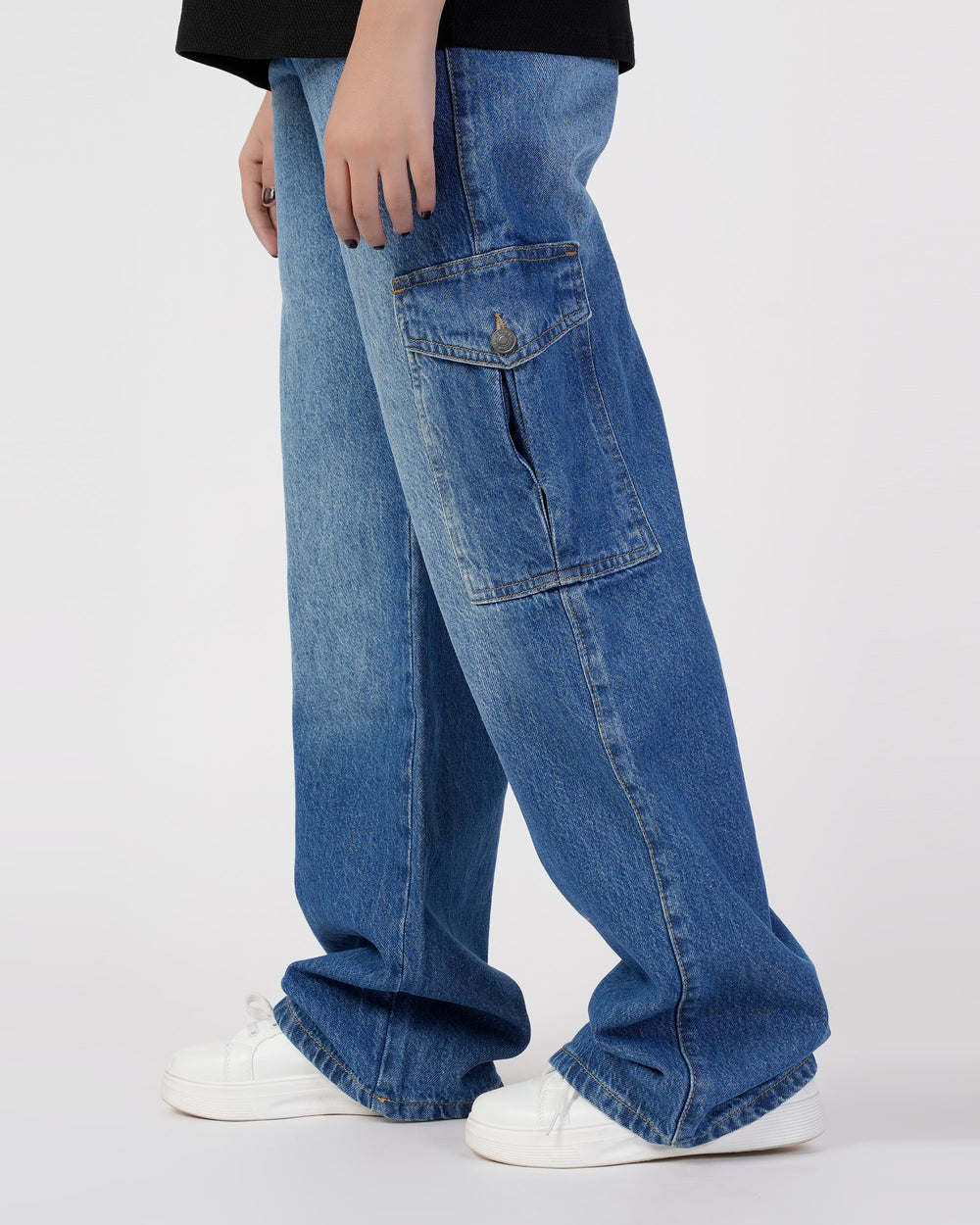 Eminent Women's Straight Cargo Denim Pant - Mid Blue, Women Pants & Tights, Eminent, Chase Value