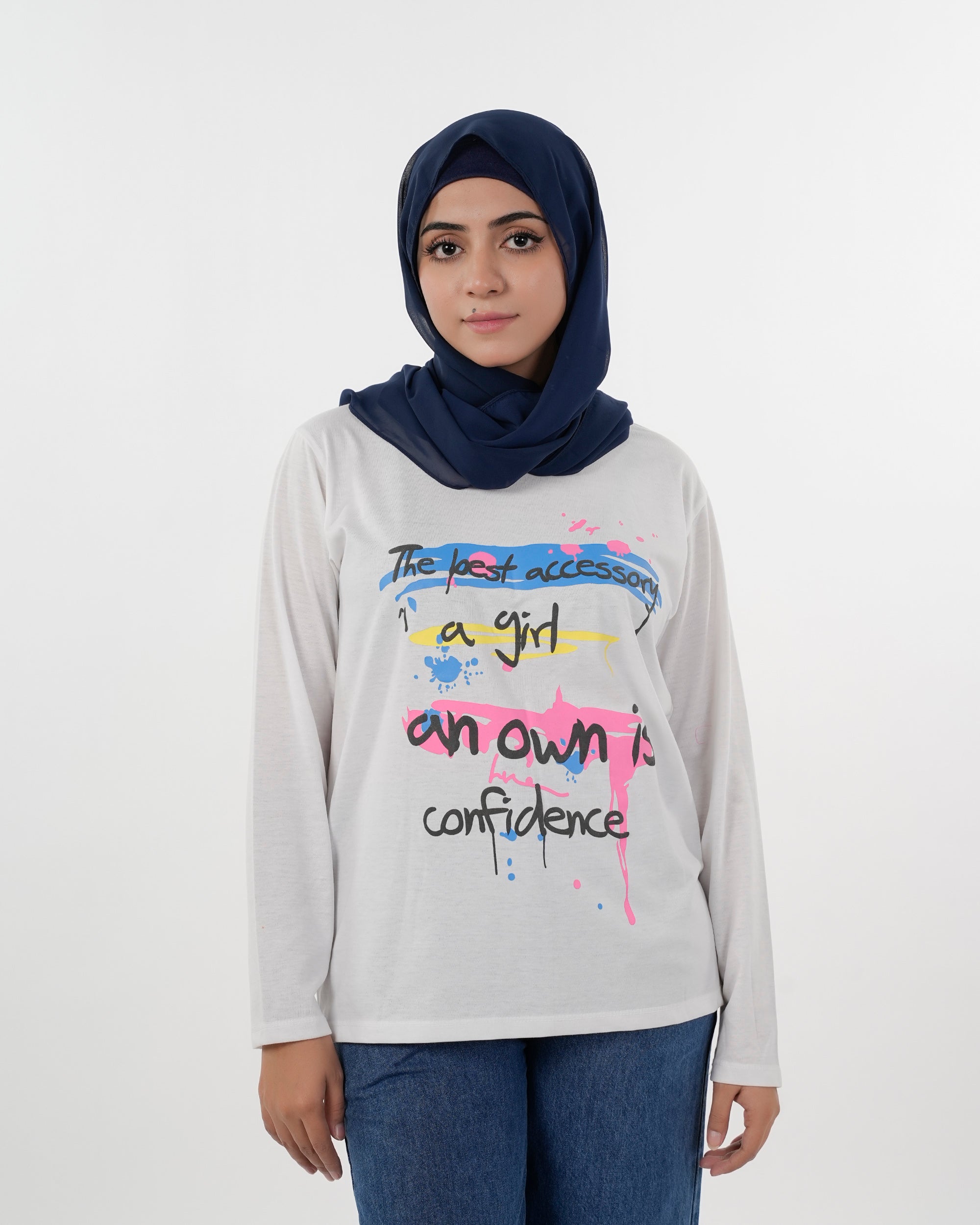 Women's Full Sleeves Printed T-Shirt - White, Women T-Shirts & Tops, Chase Value, Chase Value