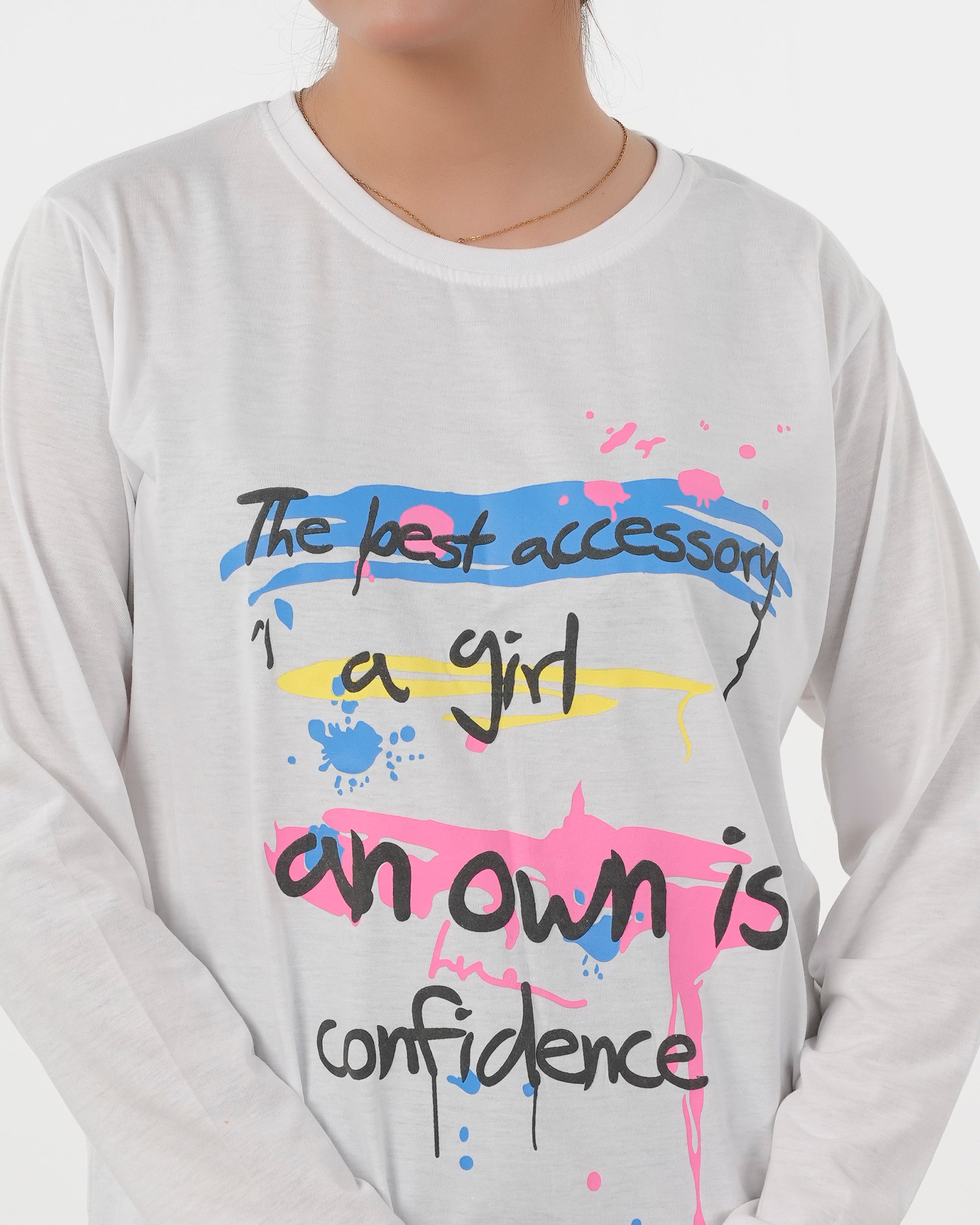 Women's Full Sleeves Printed T-Shirt - White, Women T-Shirts & Tops, Chase Value, Chase Value