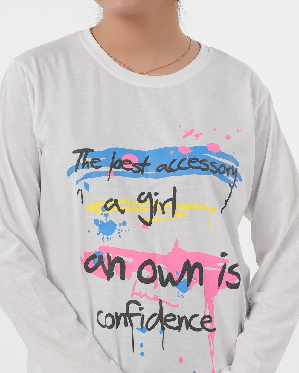 Women's Full Sleeves Printed T-Shirt - White, Women T-Shirts & Tops, Chase Value, Chase Value