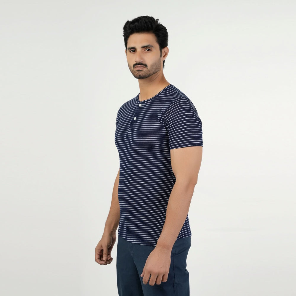 Valuable Men's Half Sleeves Stripe Henley T-Shirt - Navy Blue, Men's T-Shirts & Polos, Chase Value, Chase Value