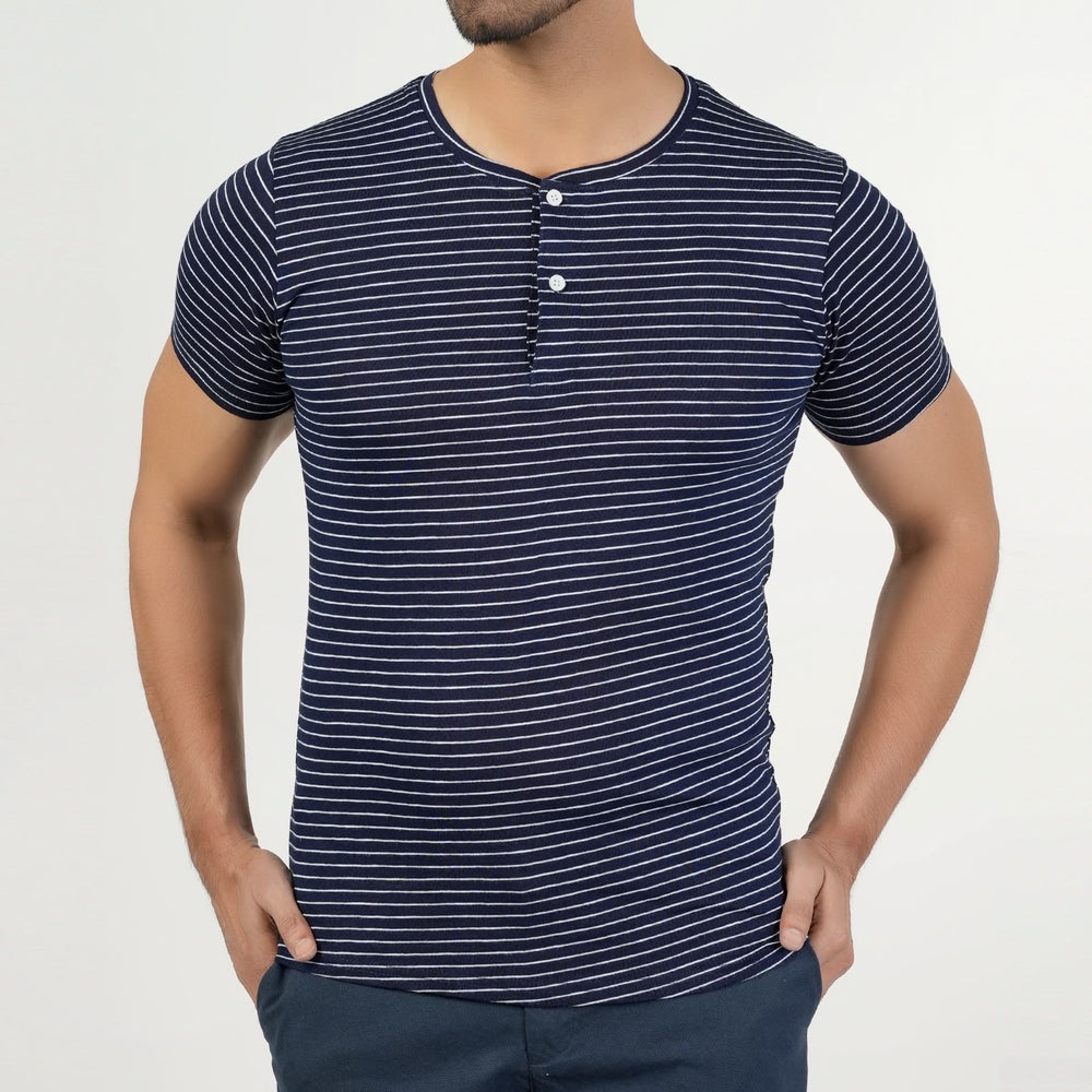 Valuable Men's Half Sleeves Stripe Henley T-Shirt - Navy Blue, Men's T-Shirts & Polos, Chase Value, Chase Value