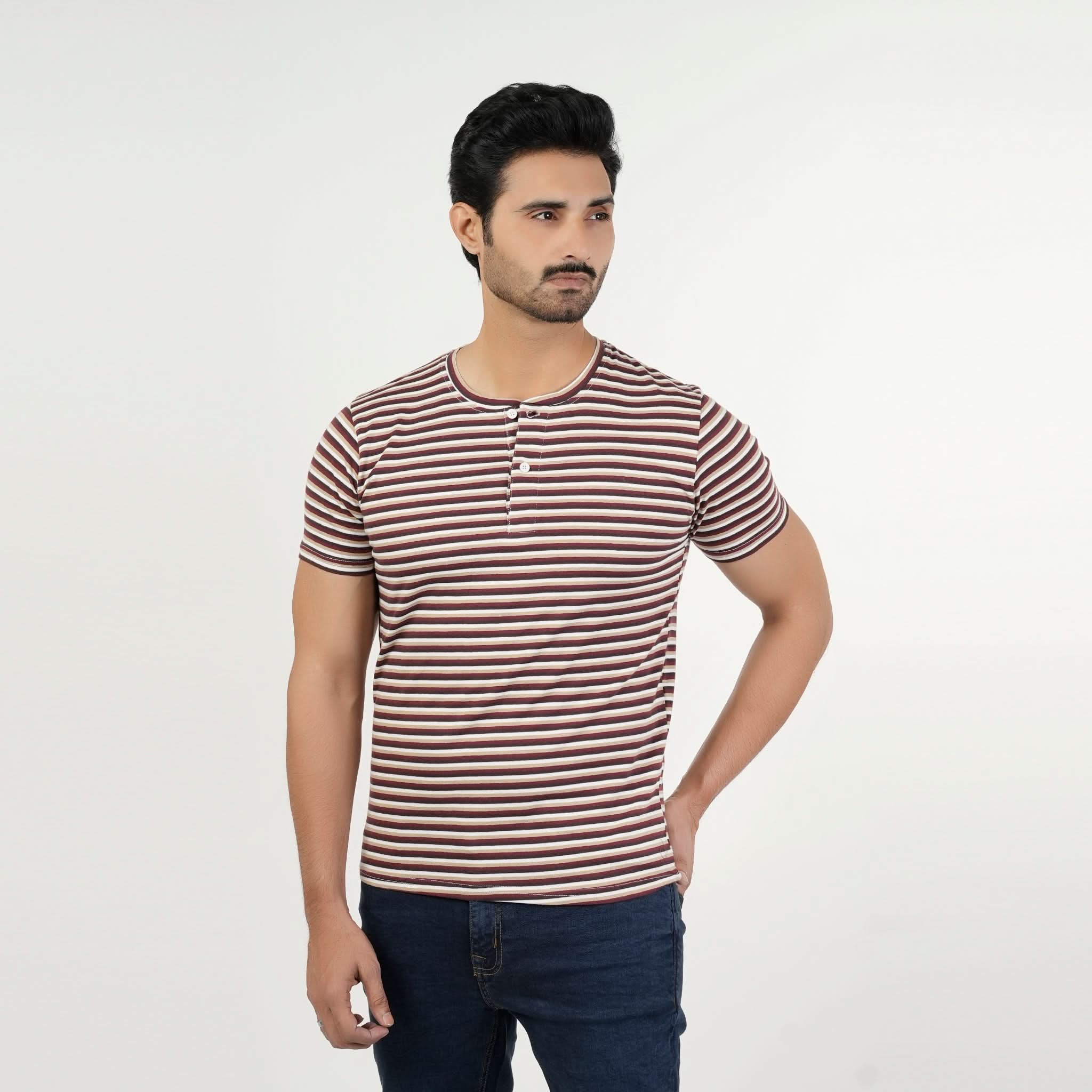 Valuable Men's Half Sleeves Stripe Henley T-Shirt - Brown, Men's T-Shirts & Polos, Chase Value, Chase Value