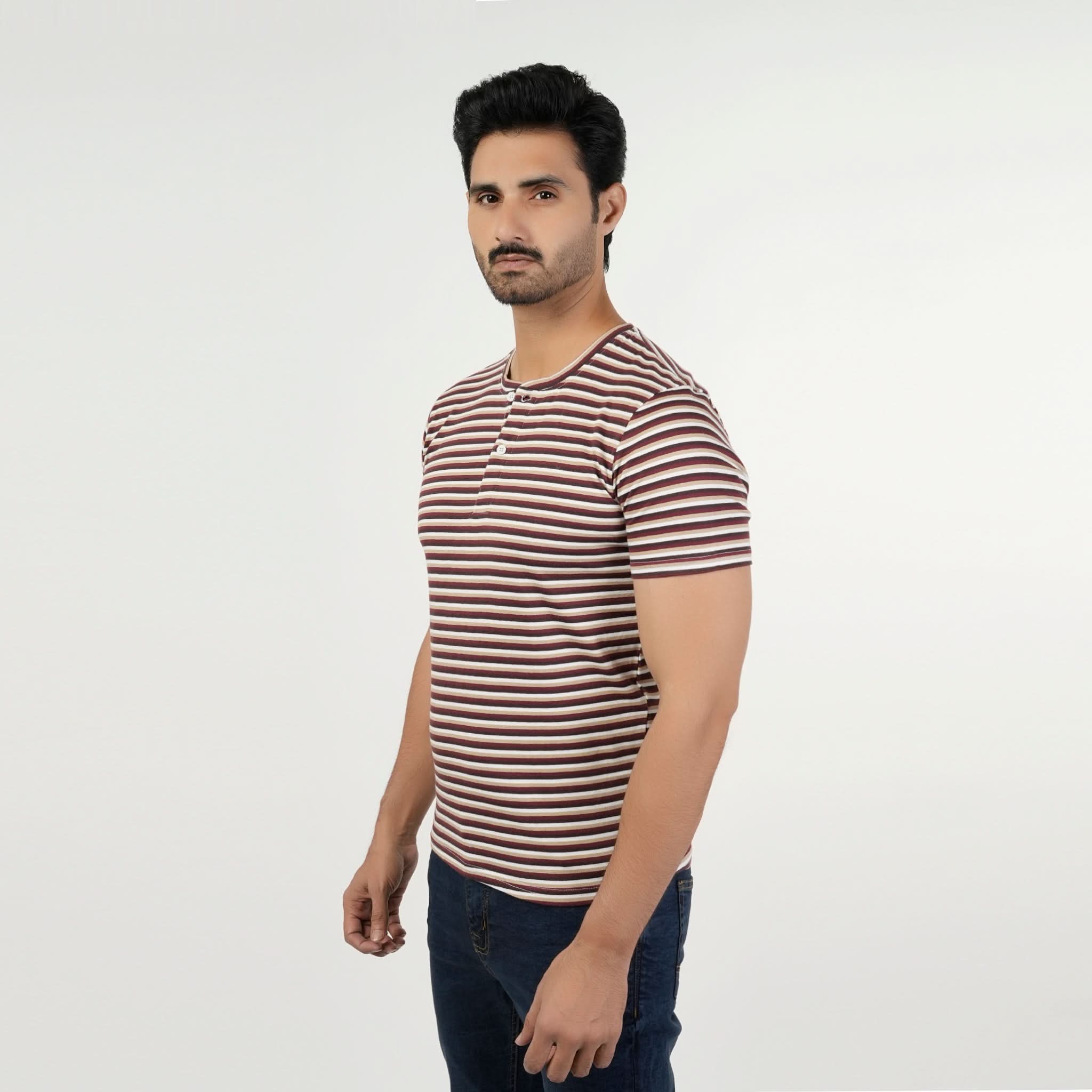 Valuable Men's Half Sleeves Stripe Henley T-Shirt - Brown, Men's T-Shirts & Polos, Chase Value, Chase Value