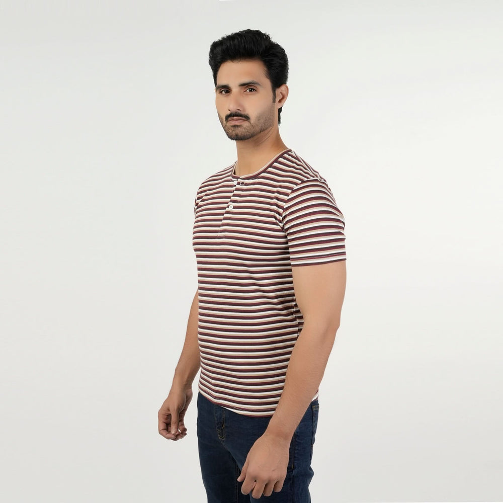 Valuable Men's Half Sleeves Stripe Henley T-Shirt - Brown, Men's T-Shirts & Polos, Chase Value, Chase Value