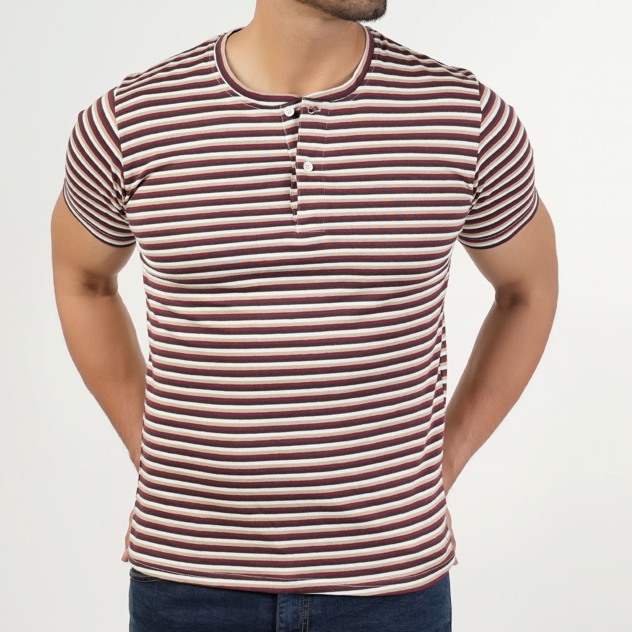 Valuable Men's Half Sleeves Stripe Henley T-Shirt - Brown, Men's T-Shirts & Polos, Chase Value, Chase Value
