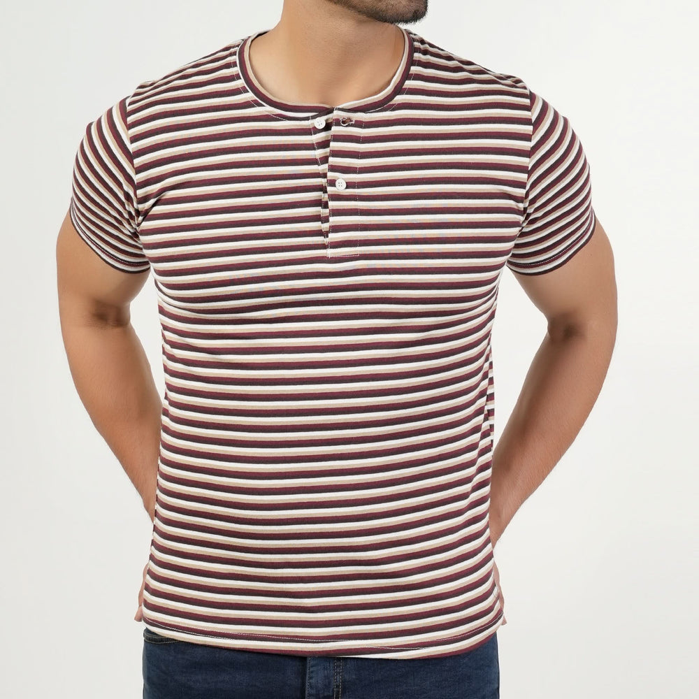 Valuable Men's Half Sleeves Stripe Henley T-Shirt - Brown, Men's T-Shirts & Polos, Chase Value, Chase Value