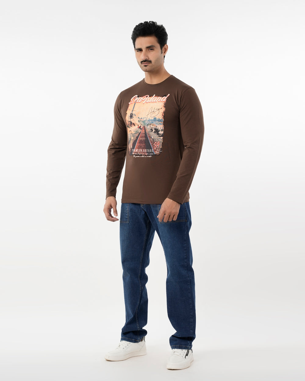 Men's Digital Printed Full Sleeves T-Shirt - Dark Brown, Men's T-Shirts & Polos, Chase Value, Chase Value