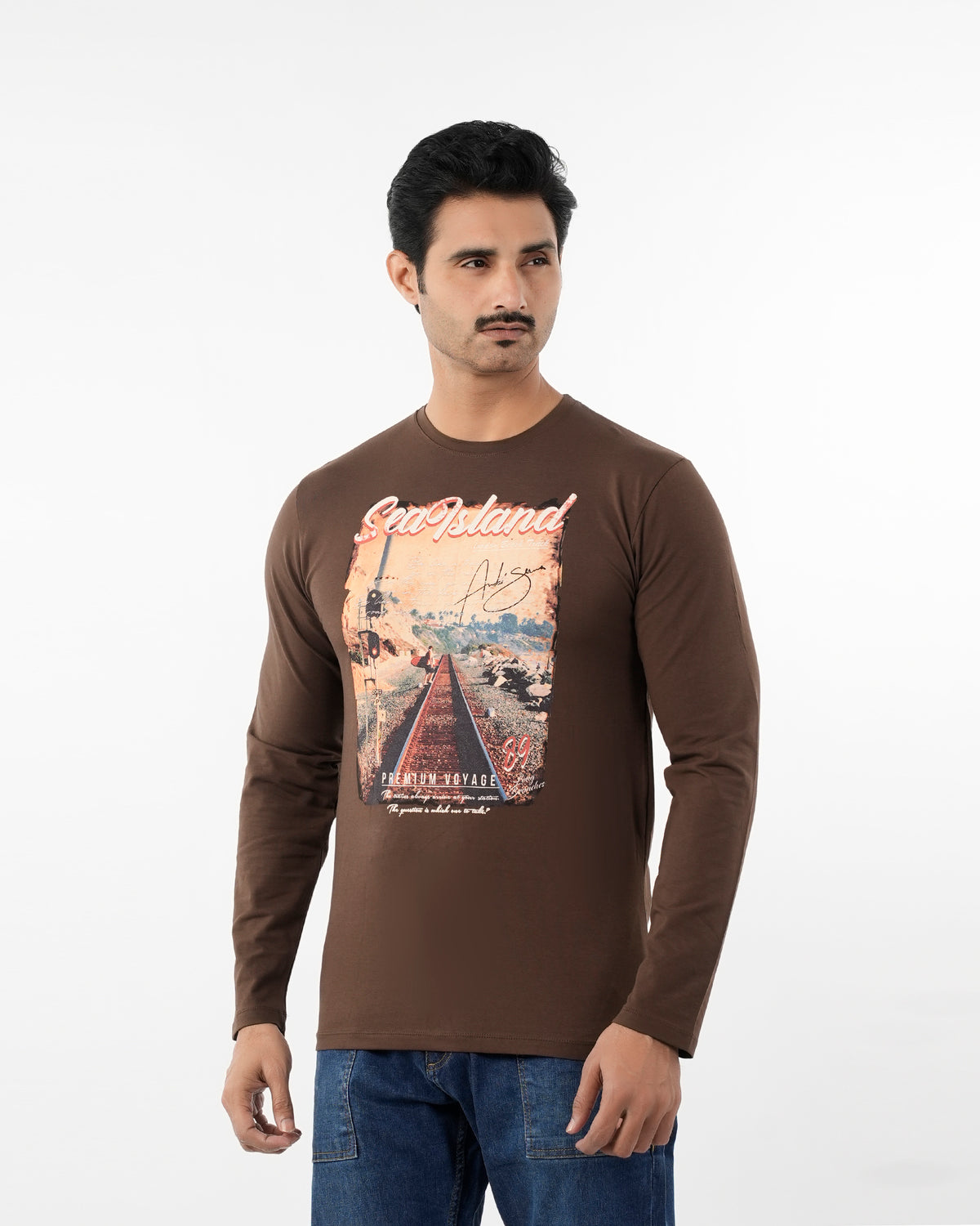 Men's Digital Printed Full Sleeves T-Shirt - Dark Brown, Men's T-Shirts & Polos, Chase Value, Chase Value