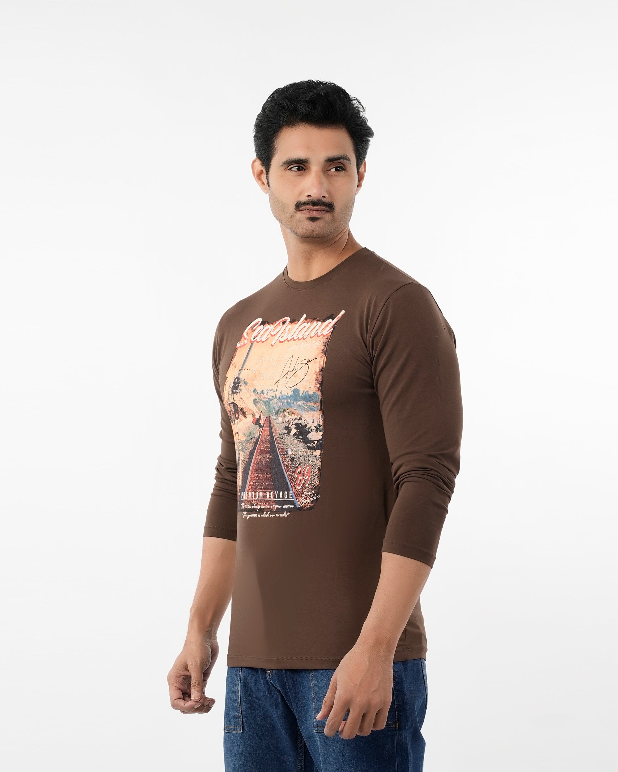 Men's Digital Printed Full Sleeves T-Shirt - Dark Brown, Men's T-Shirts & Polos, Chase Value, Chase Value