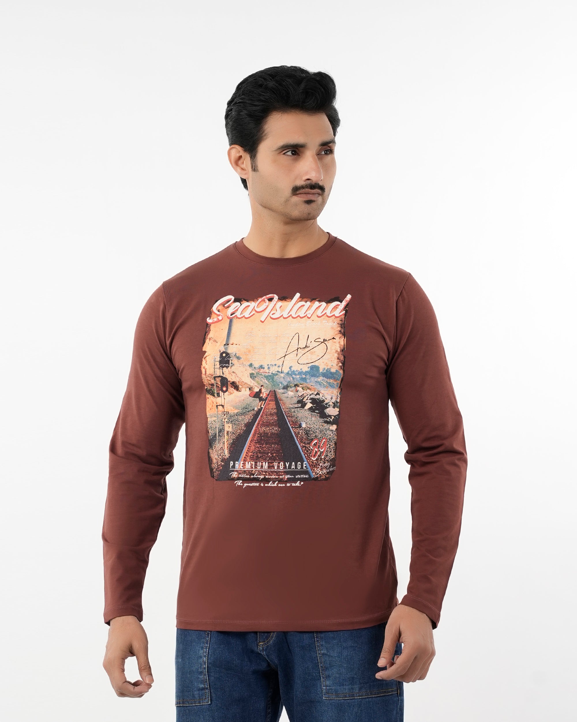 Men's Digital Printed Full Sleeves T-Shirt - Brown, Men's T-Shirts & Polos, Chase Value, Chase Value