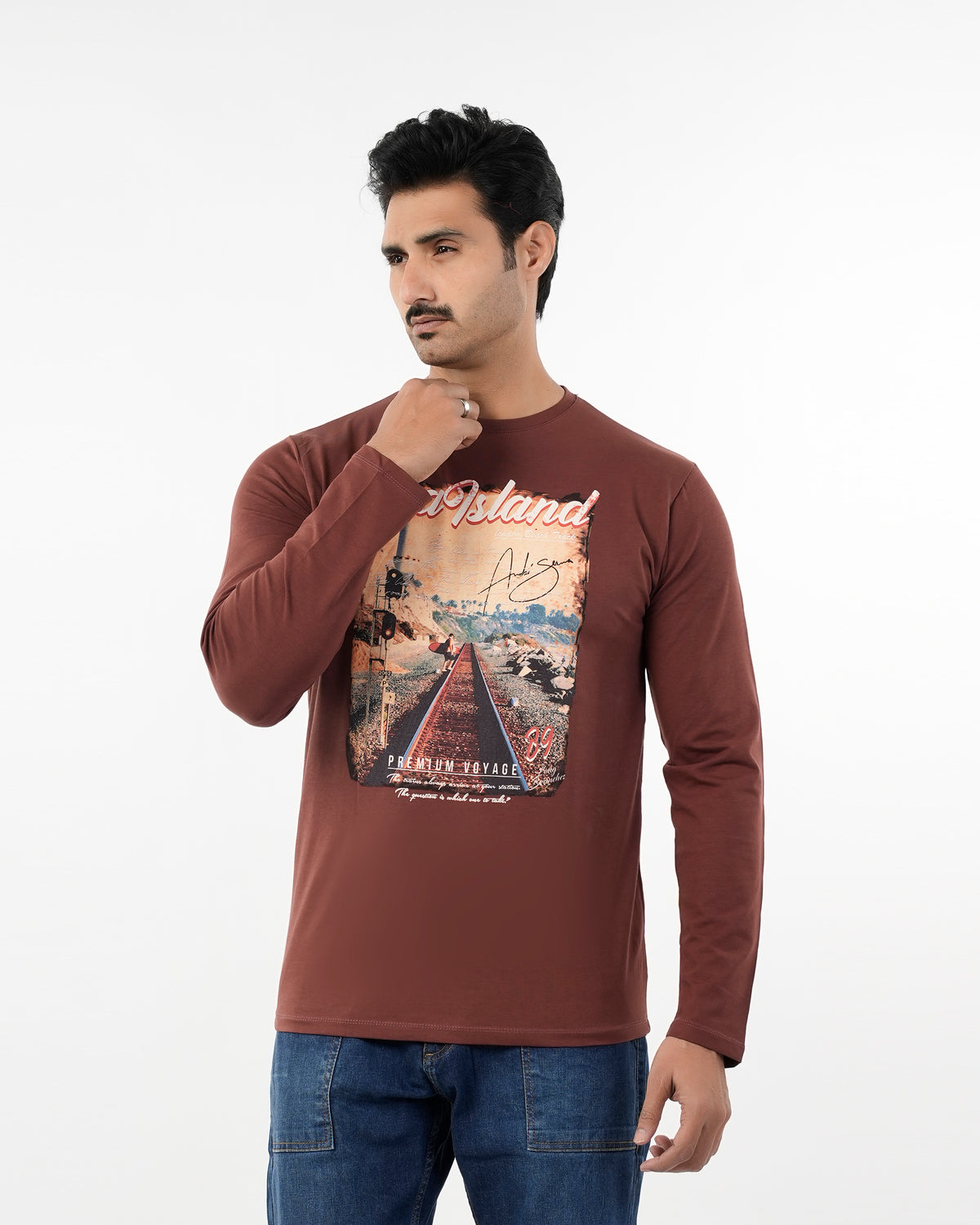 Men's Digital Printed Full Sleeves T-Shirt - Brown, Men's T-Shirts & Polos, Chase Value, Chase Value
