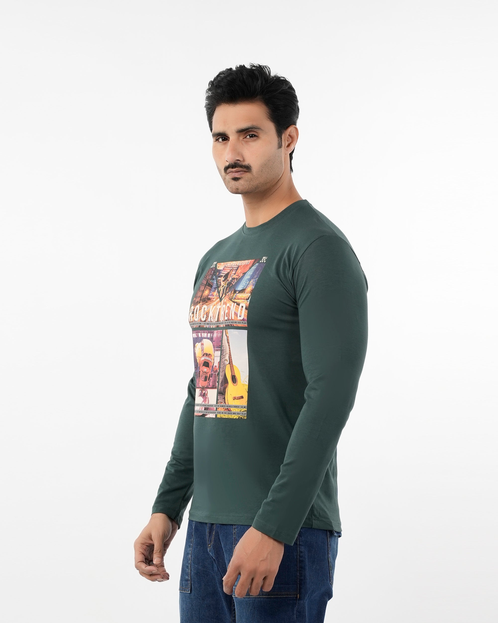 Men's Full Sleeves Printed T-Shirt - Green, Men's T-Shirts & Polos, Chase Value, Chase Value
