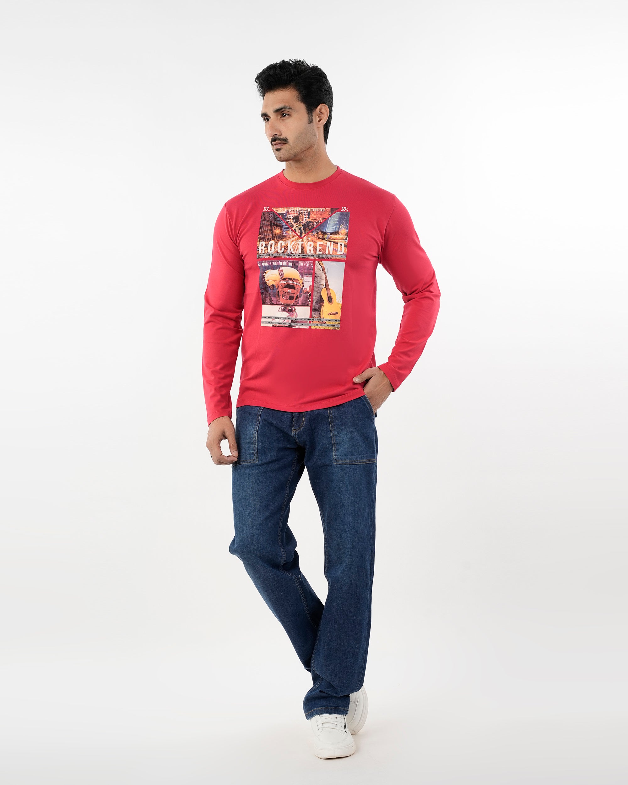 Men's Full Sleeves Printed T-Shirt - Red, Men's T-Shirts & Polos, Chase Value, Chase Value