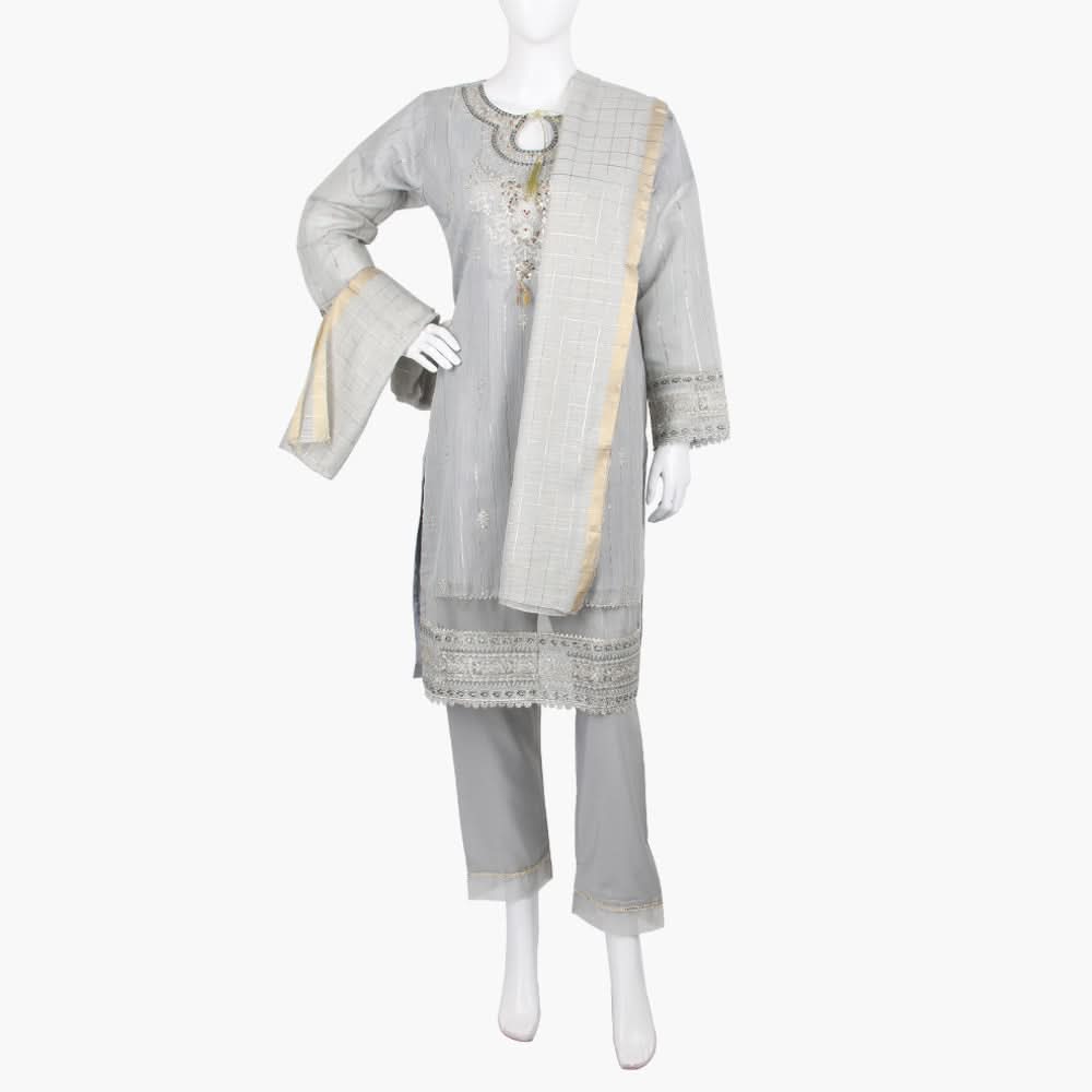 Women's Fancy 3Pcs Suit - Grey, Women Shalwar Suits, Chase Value, Chase Value