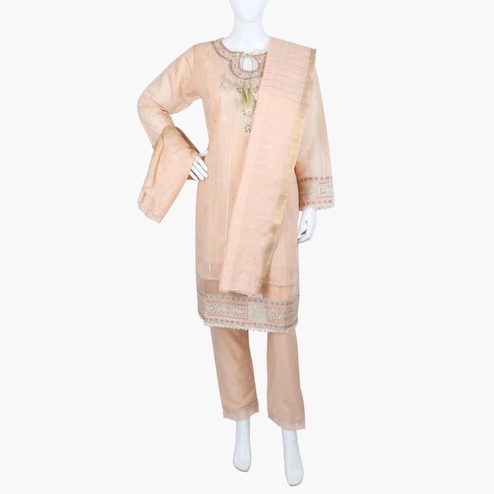 Women's Fancy 3Pcs Suit - Peach, Women Shalwar Suits, Chase Value, Chase Value
