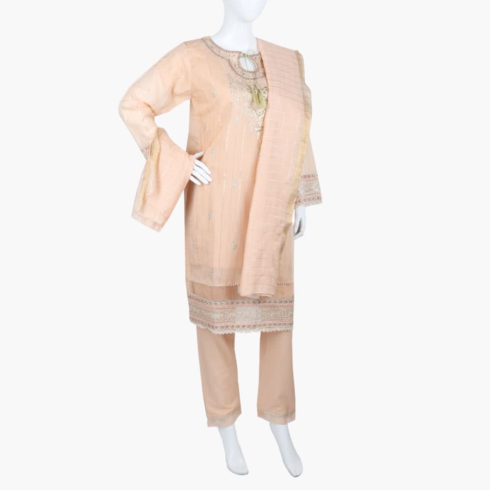 Women's Fancy 3Pcs Suit - Peach, Women Shalwar Suits, Chase Value, Chase Value
