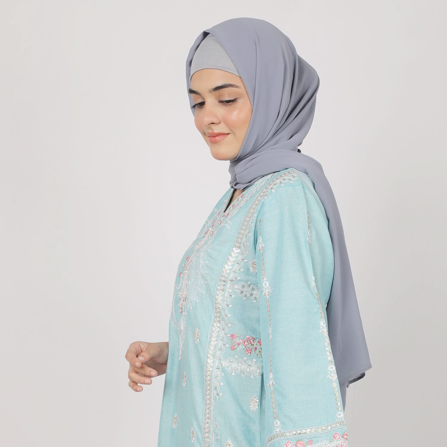 Women's Chambray Emboridered 2pcs Suit - Turquoise, Women Shalwar Suits, Chase Value, Chase Value