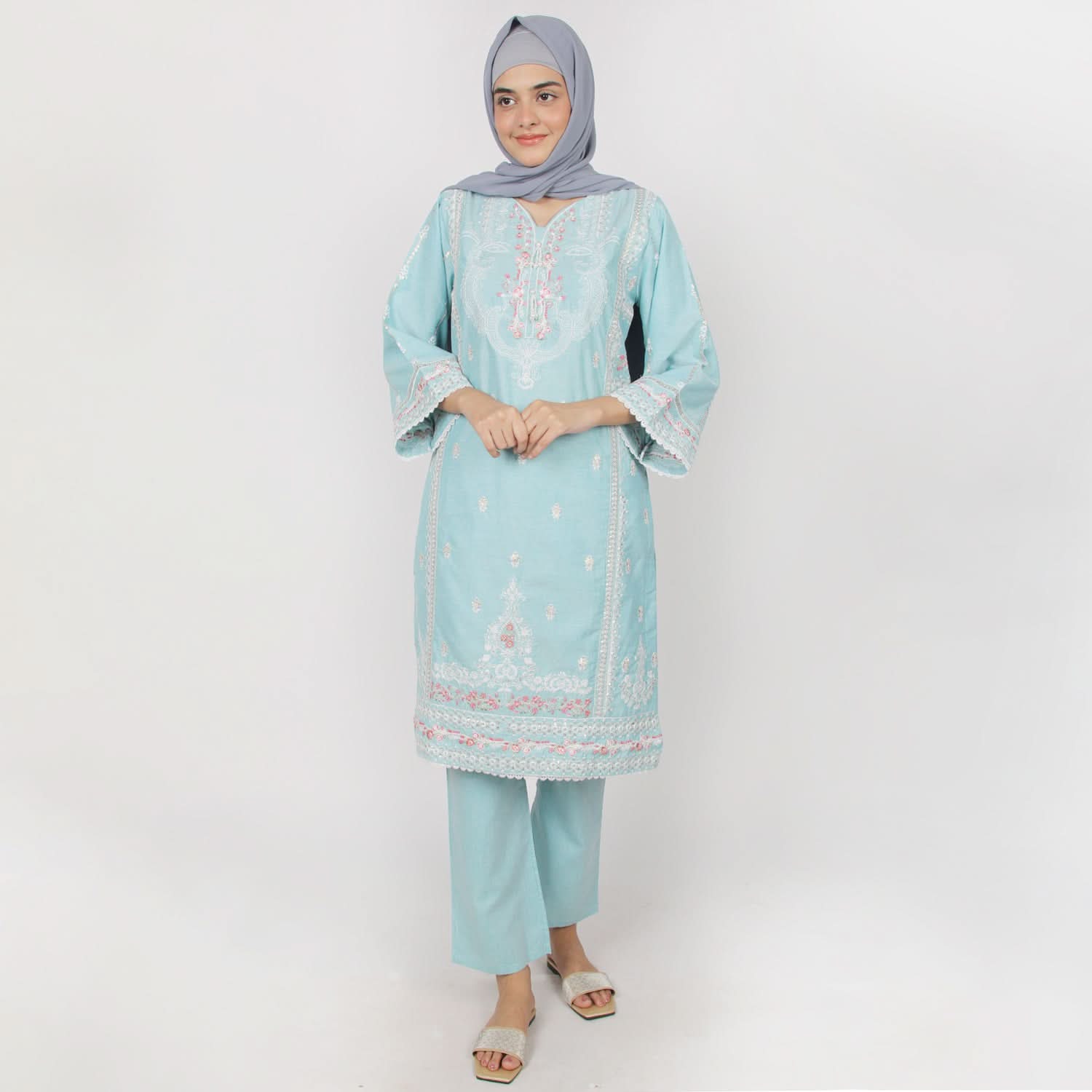Women's Chambray Emboridered 2pcs Suit - Turquoise, Women Shalwar Suits, Chase Value, Chase Value