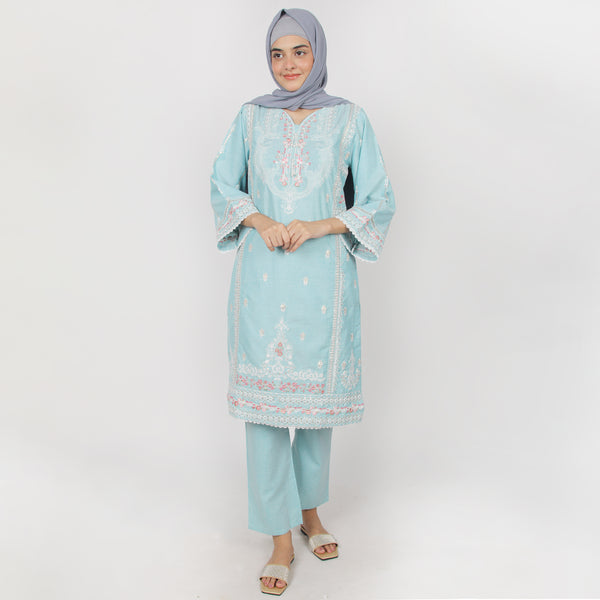Women's Chambray Emboridered 2pcs Suit - Turquoise