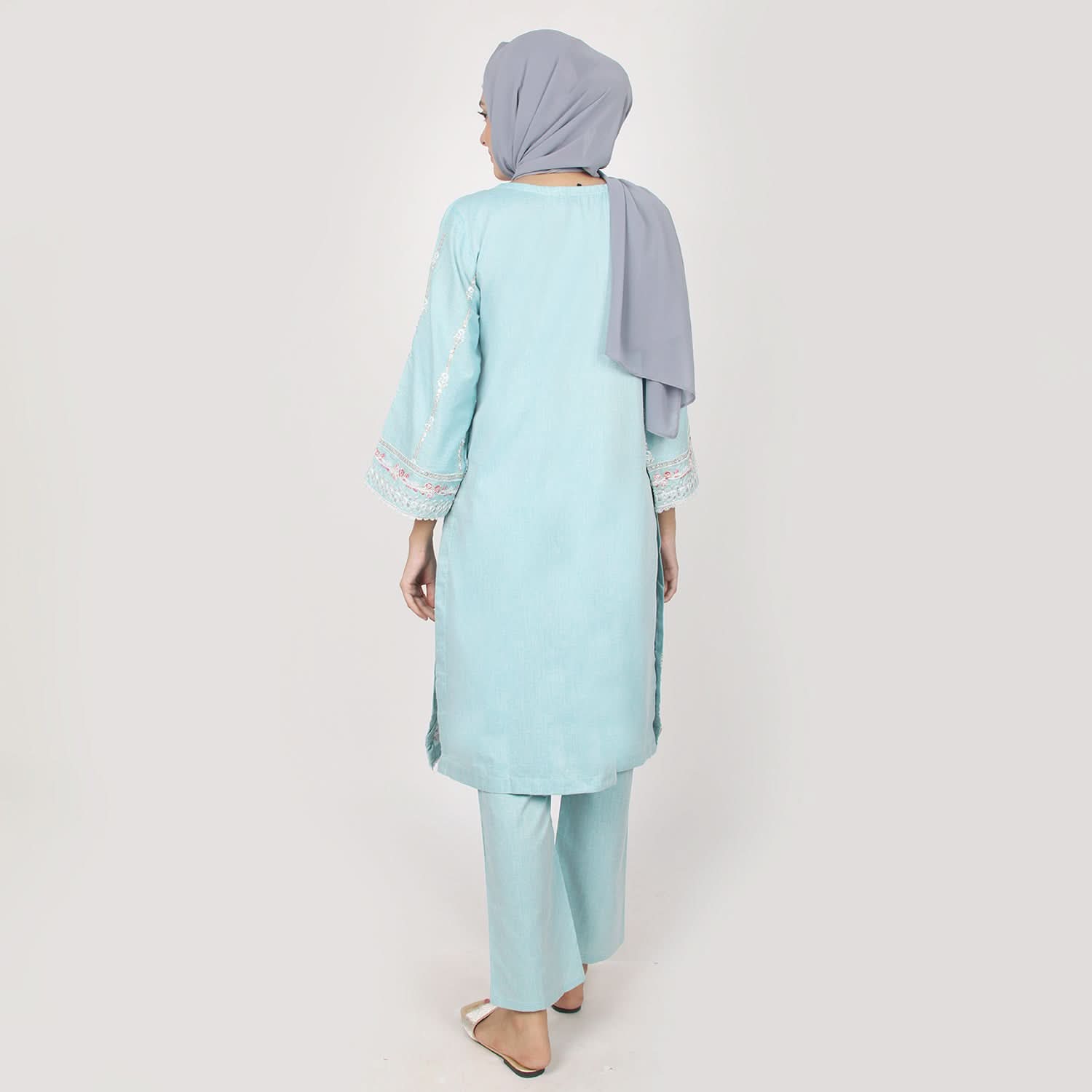 Women's Chambray Emboridered 2pcs Suit - Turquoise, Women Shalwar Suits, Chase Value, Chase Value
