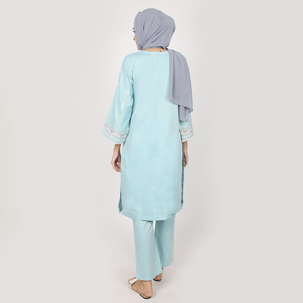 Women's Chambray Emboridered 2pcs Suit - Turquoise, Women Shalwar Suits, Chase Value, Chase Value