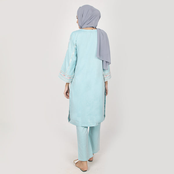 Women's Chambray Emboridered 2pcs Suit - Turquoise