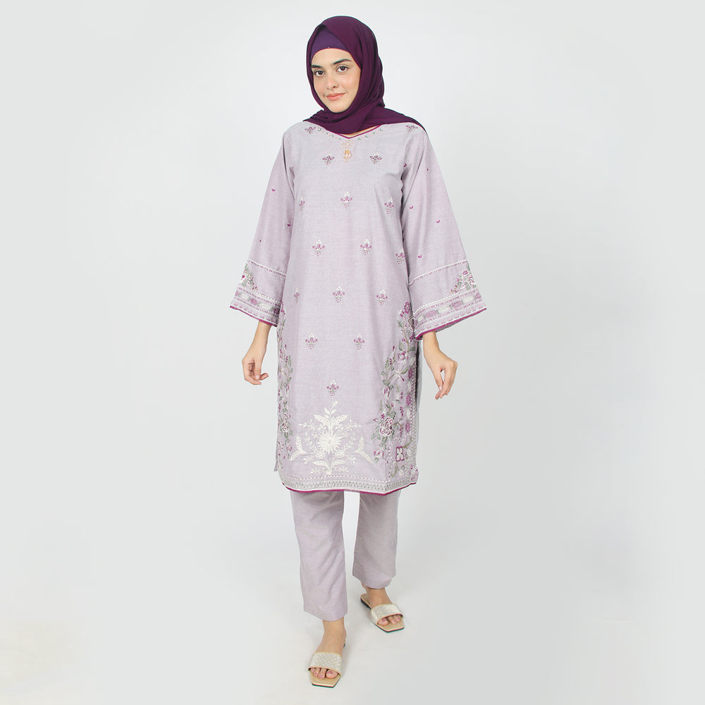 Women's Chambray Emboridered 2pcs Suit - Purple, Women Shalwar Suits, Chase Value, Chase Value