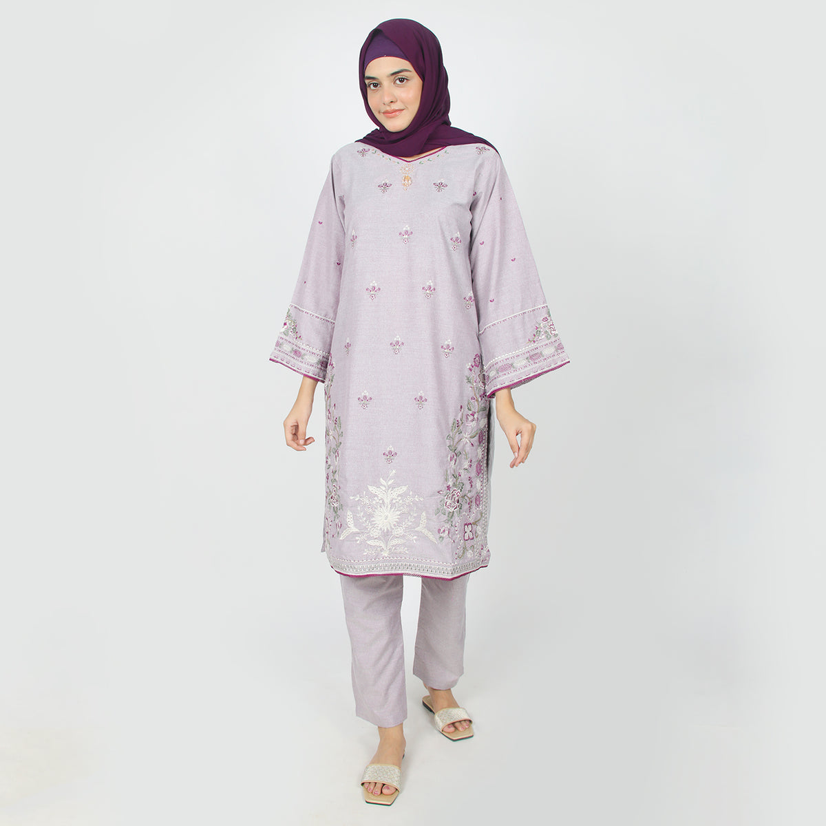 Women's Chambray Emboridered 2pcs Suit - Purple, Women Shalwar Suits, Chase Value, Chase Value