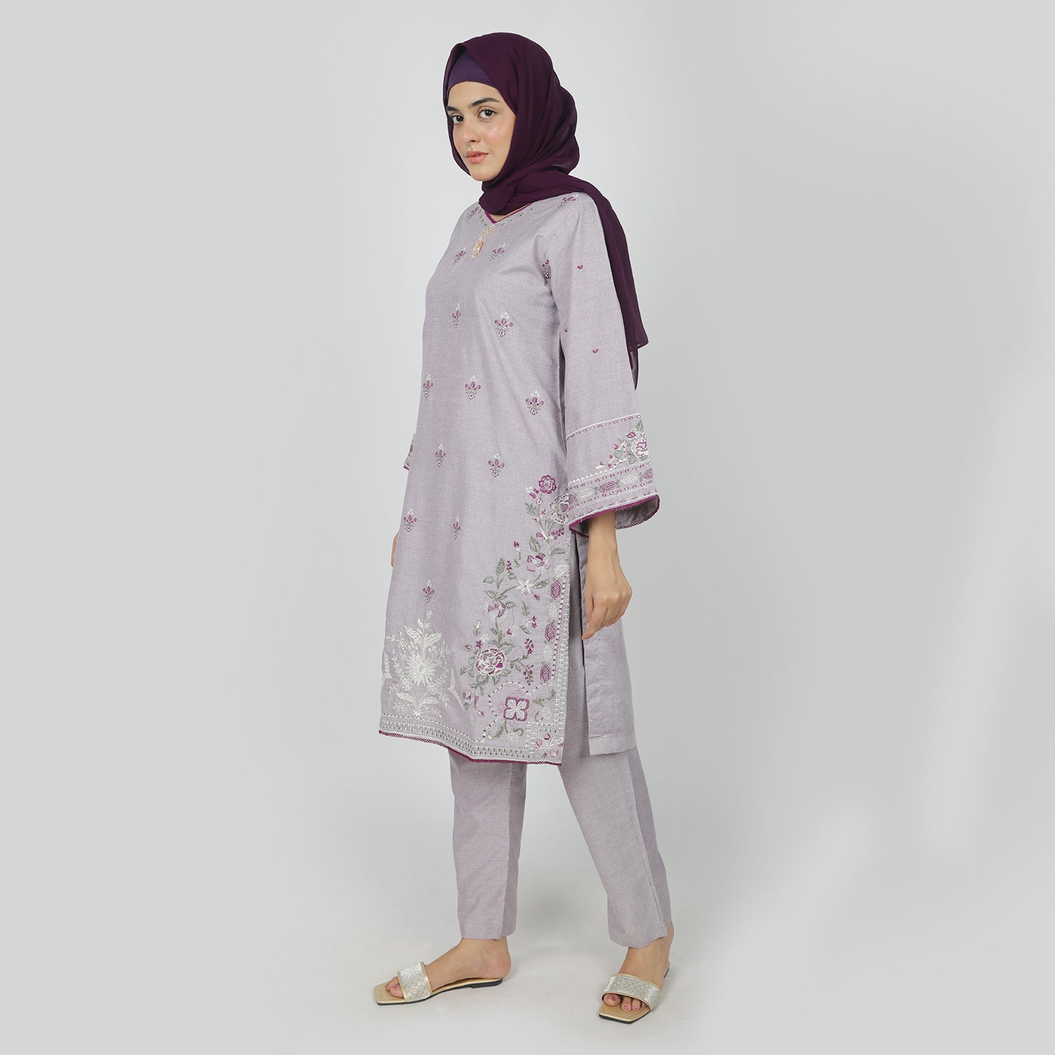 Women's Chambray Emboridered 2pcs Suit - Purple, Women Shalwar Suits, Chase Value, Chase Value