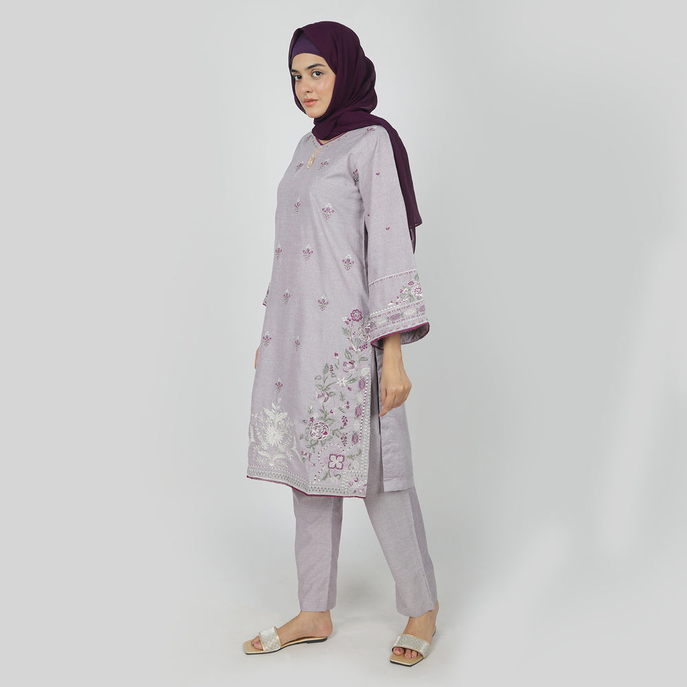 Women's Chambray Emboridered 2pcs Suit - Purple, Women Shalwar Suits, Chase Value, Chase Value