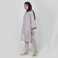 Women's Chambray Emboridered 2pcs Suit - Purple