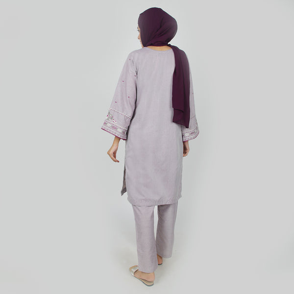Women's Chambray Emboridered 2pcs Suit - Purple